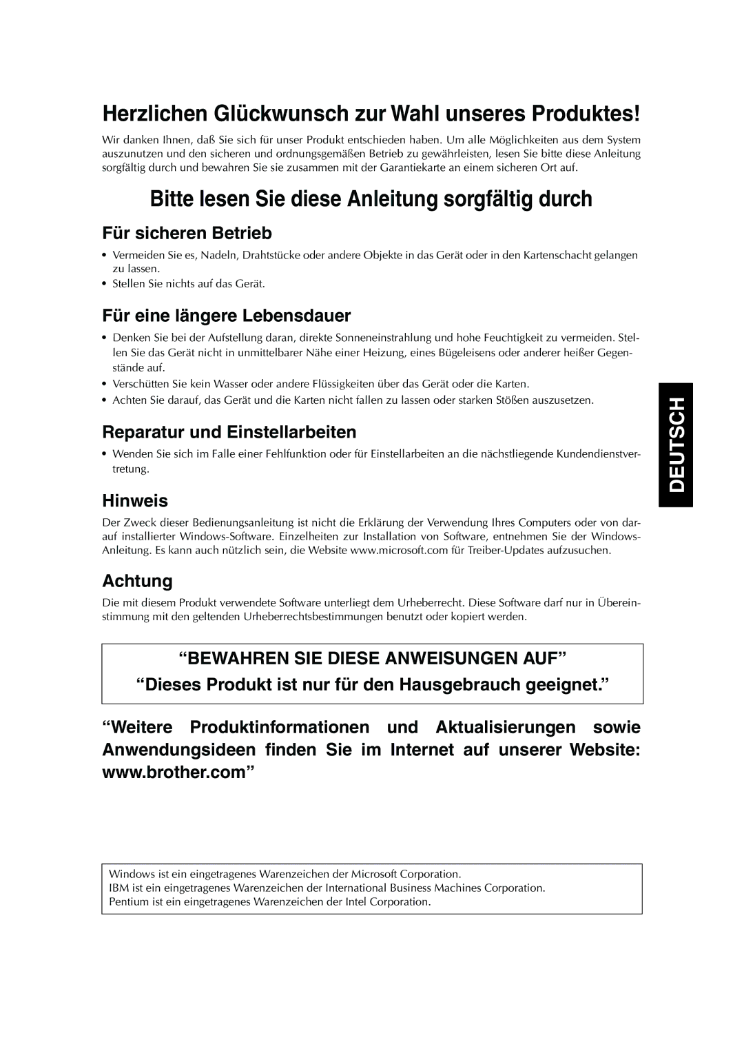 Brother PED Basic, 1 Für sicheren Betrieb, Für eine längere Lebensdauer, Reparatur und Einstellarbeiten, Hinweis Achtung 