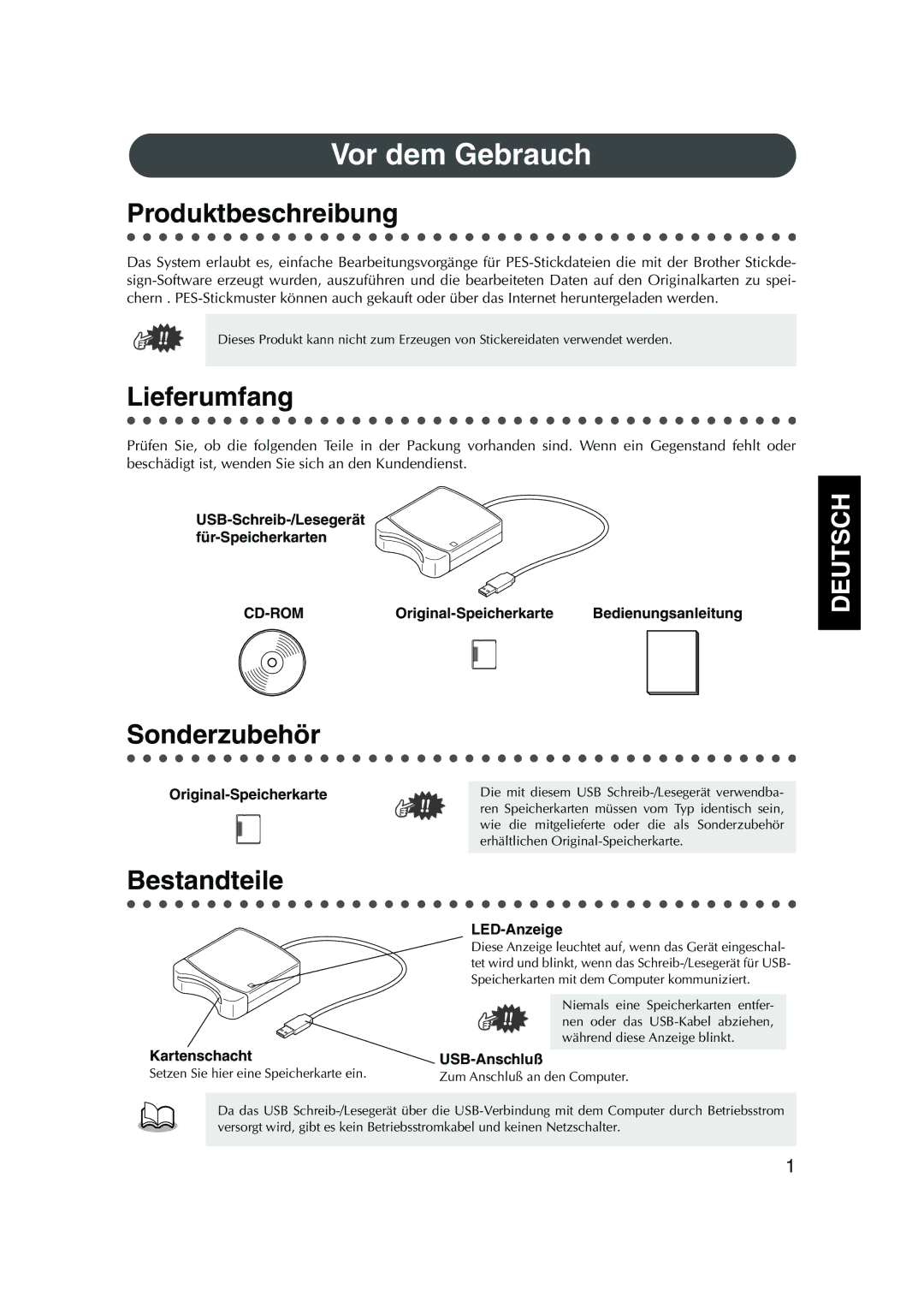 Brother PED Basic, 1 instruction manual Vor dem Gebrauch, Produktbeschreibung, Lieferumfang, Sonderzubehör, Bestandteile 