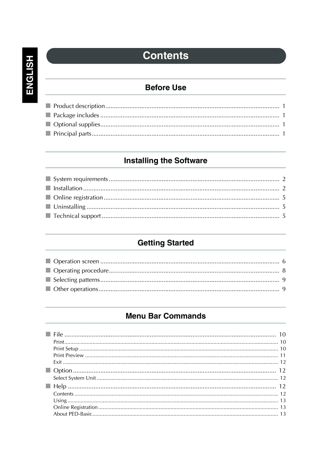 Brother 1, PED Basic instruction manual Contents 