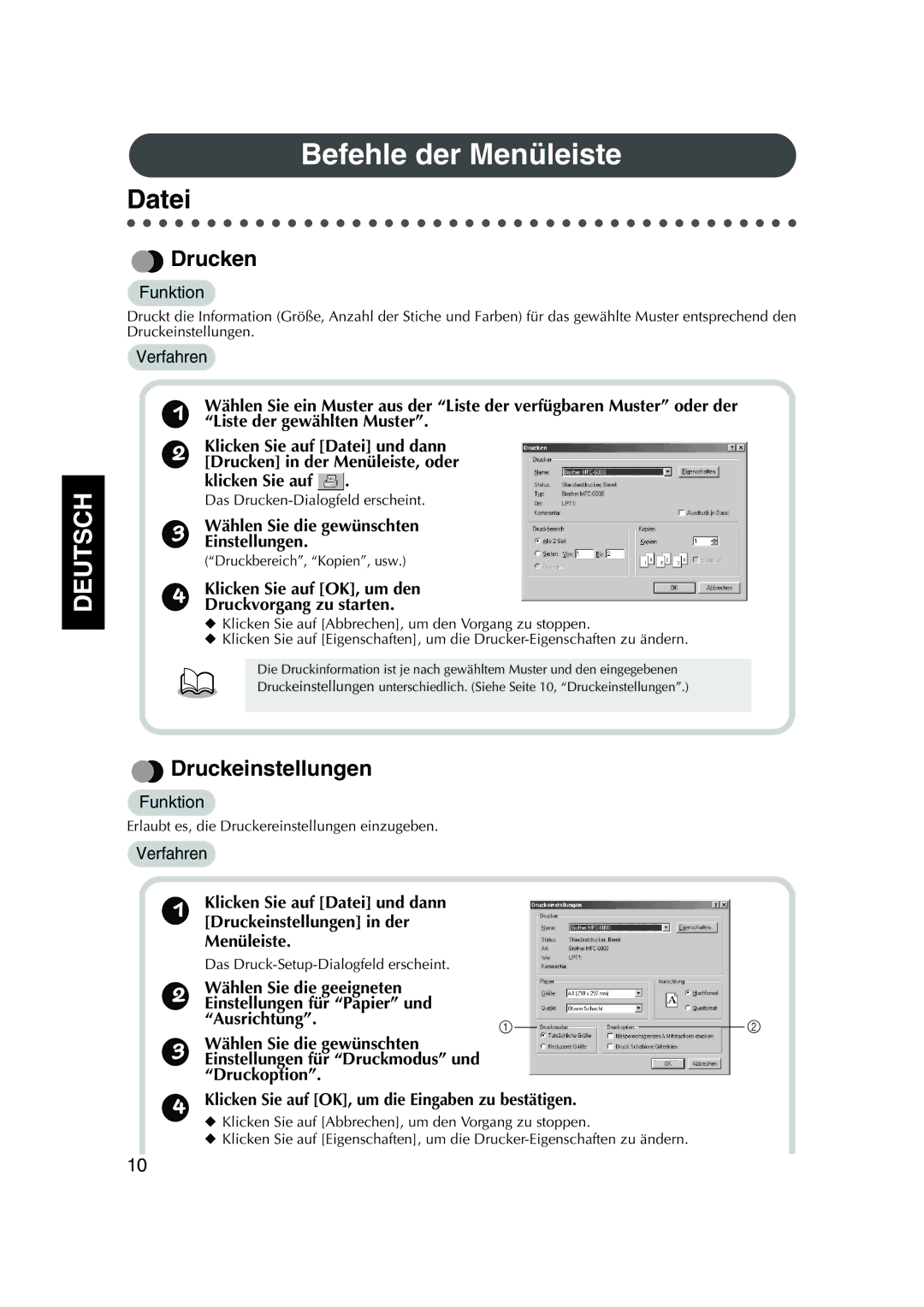 Brother 1, PED Basic instruction manual Befehle der Menüleiste, Datei, Druckeinstellungen, Drucken, Klicken Sie auf 