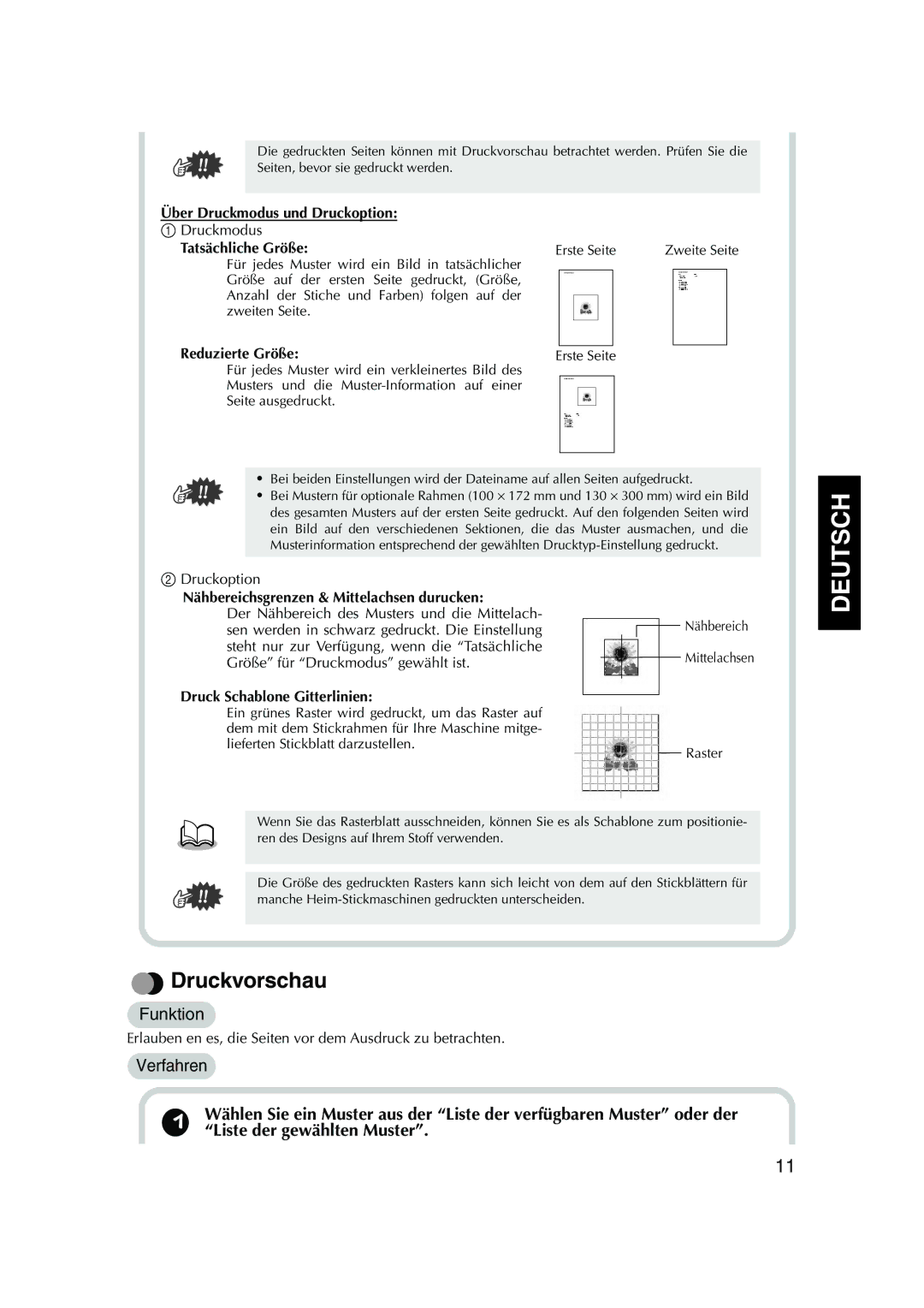 Brother PED Basic, 1 instruction manual Druckvorschau, Reduzierte Größe, Nähbereichsgrenzen & Mittelachsen durucken 