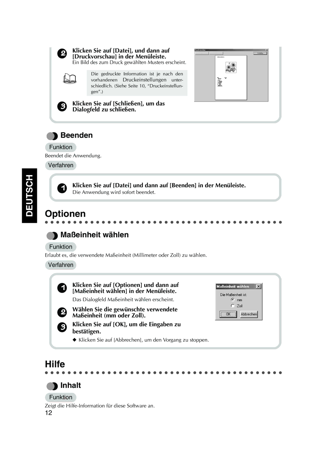 Brother 1, PED Basic instruction manual Optionen, Hilfe, Beenden, Maßeinheit wählen, Inhalt 