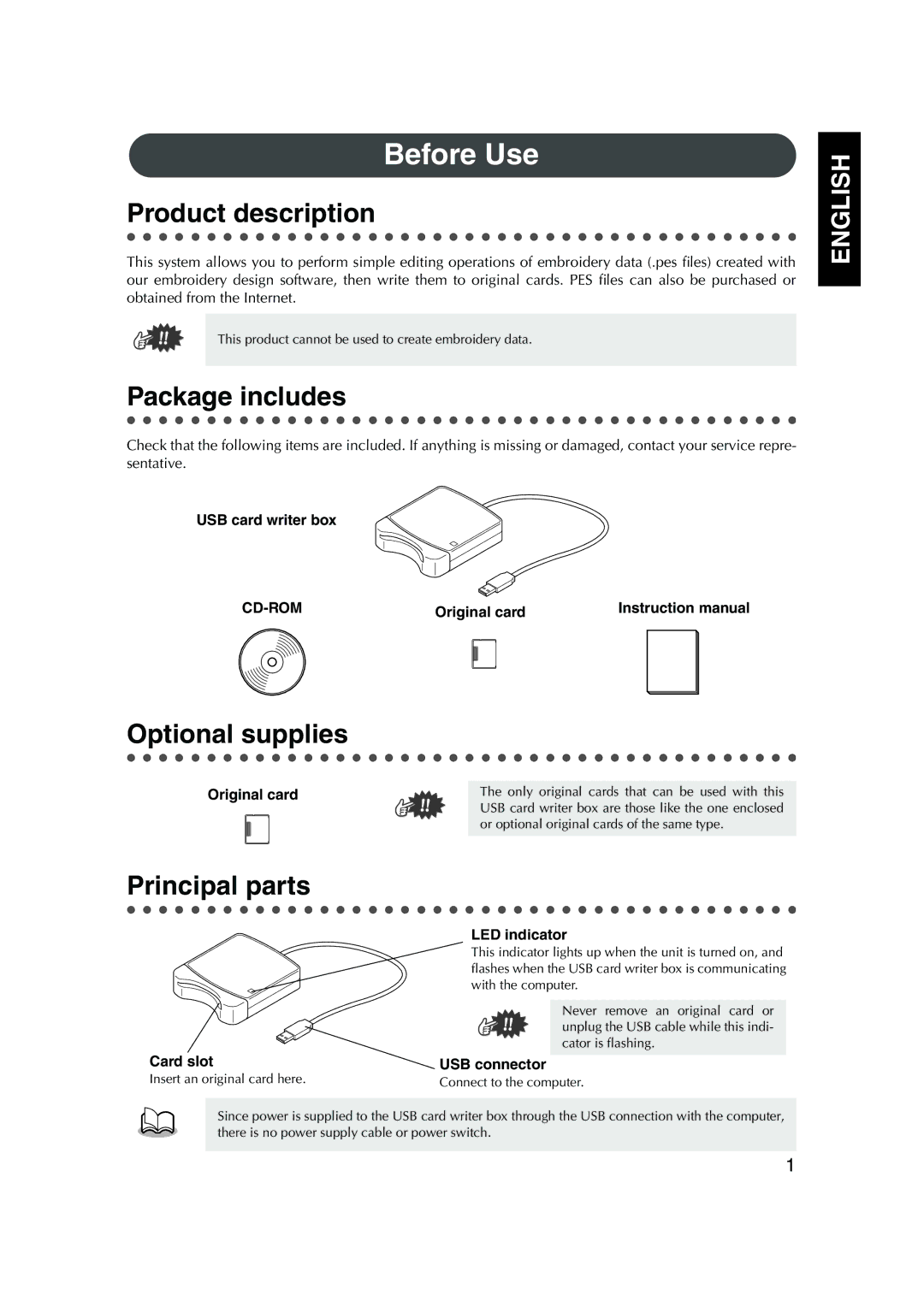 Brother PED Basic, 1 Before Use, Product description, Package includes, Optional supplies, Principal parts 