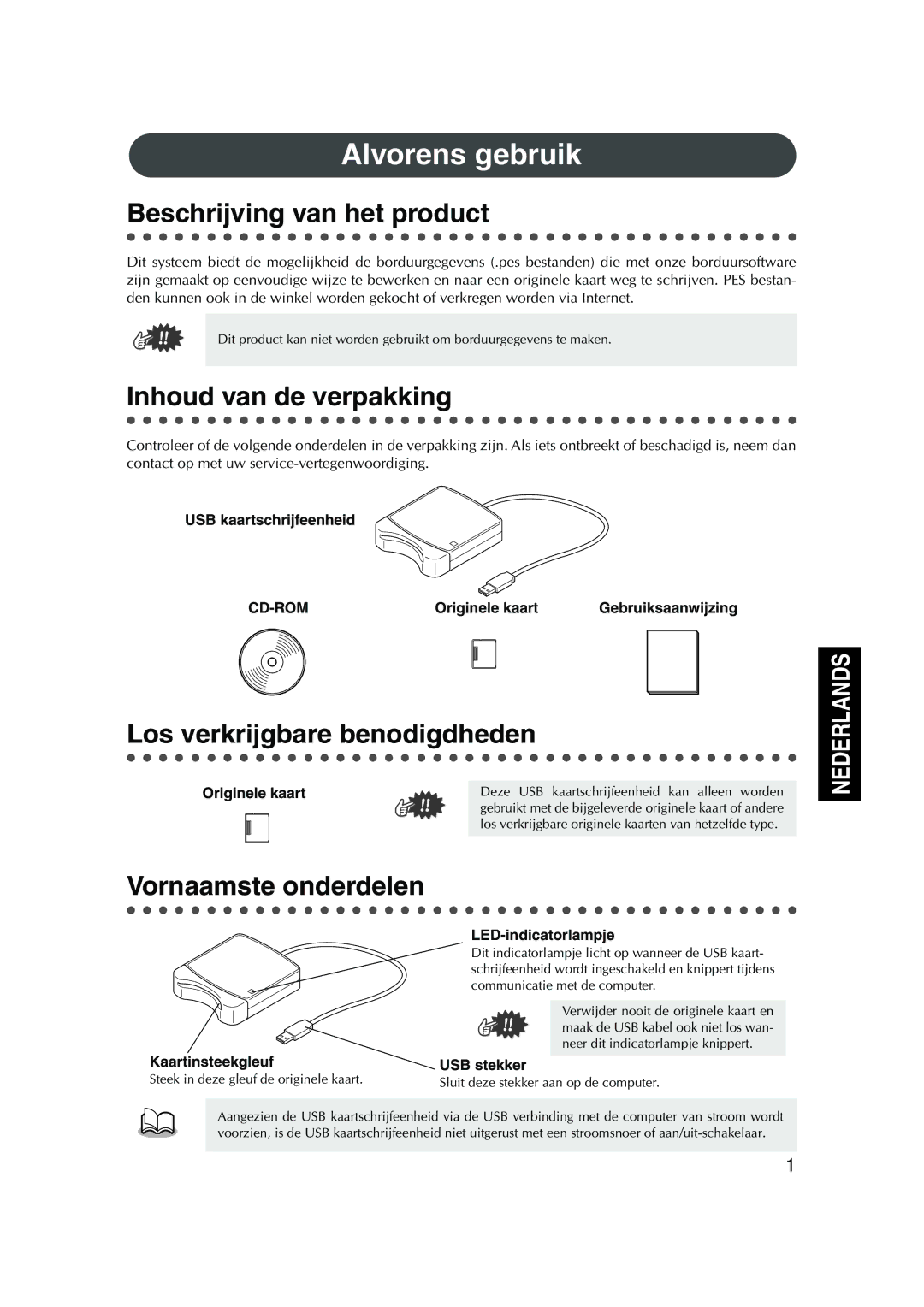 Brother PED Basic Alvorens gebruik, Beschrijving van het product, Inhoud van de verpakking, Los verkrijgbare benodigdheden 