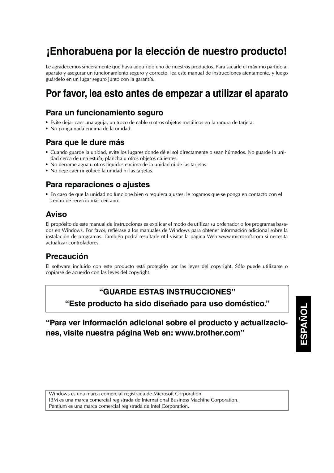 Brother PED Basic, 1 Para un funcionamiento seguro, Para que le dure más, Para reparaciones o ajustes, Aviso Precaución 