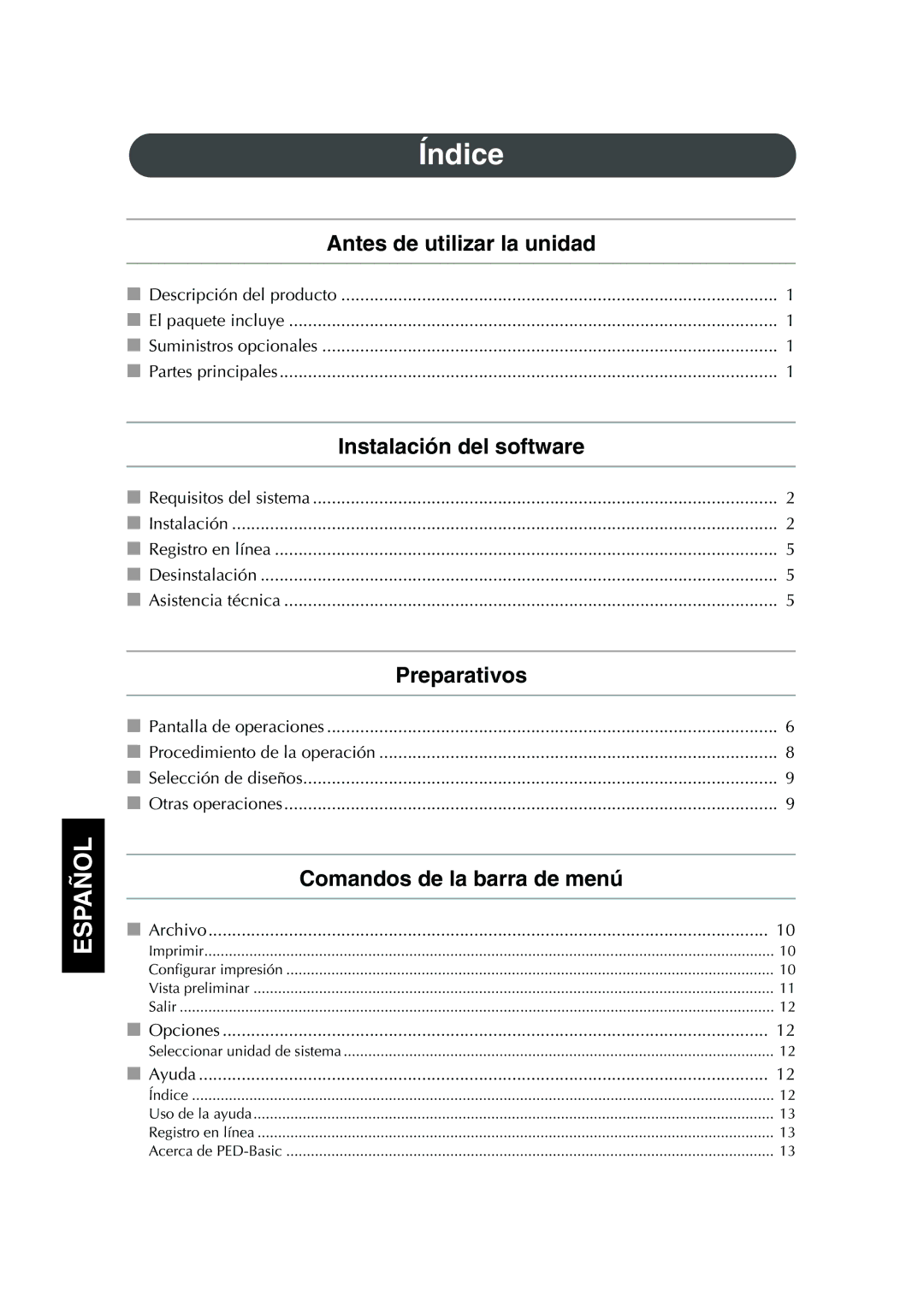 Brother 1 Índice, Antes de utilizar la unidad, Instalación del software, Preparativos, Comandos de la barra de menú 