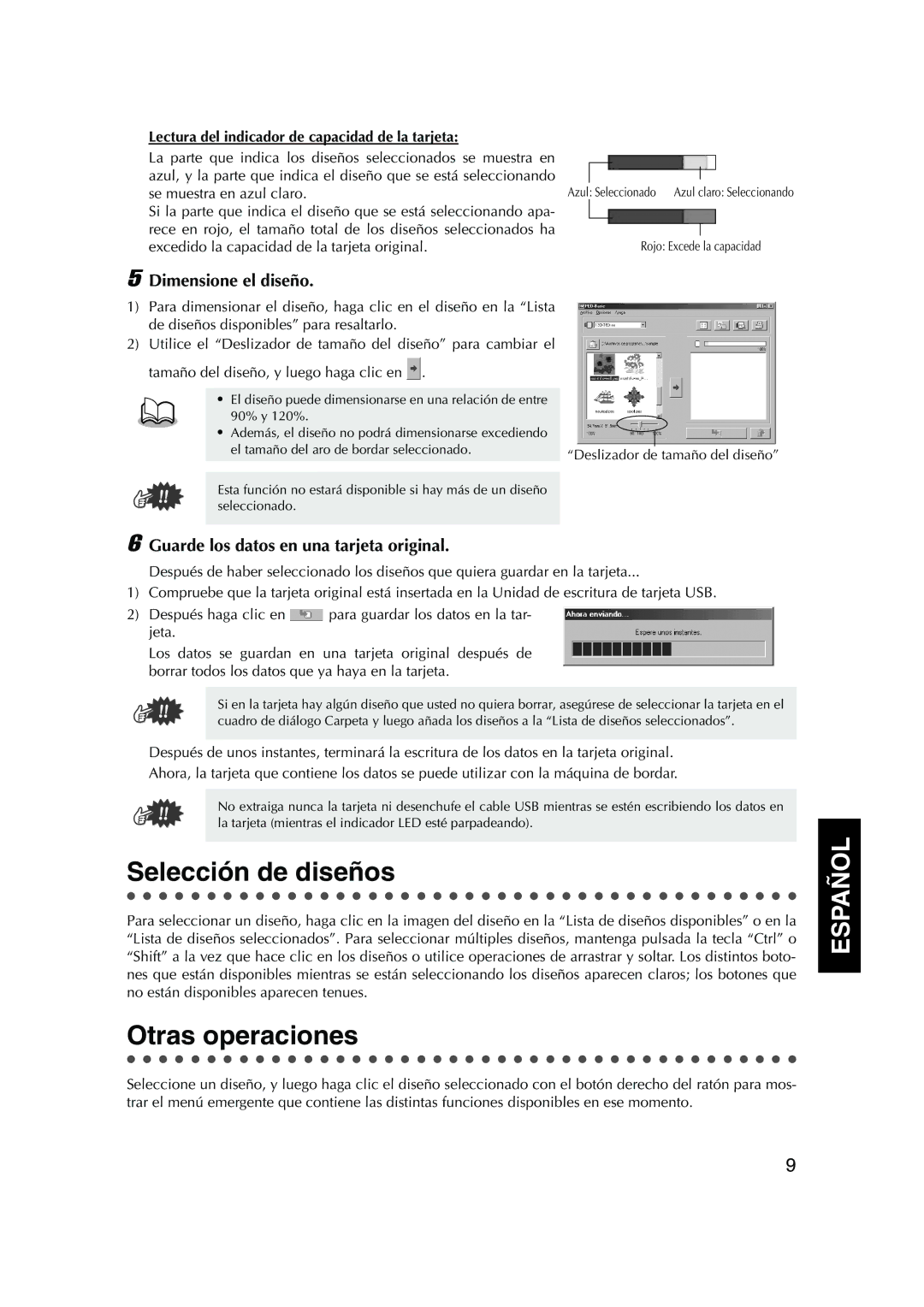 Brother PED Basic Selección de diseños, Otras operaciones, Dimensione el diseño, Guarde los datos en una tarjeta original 