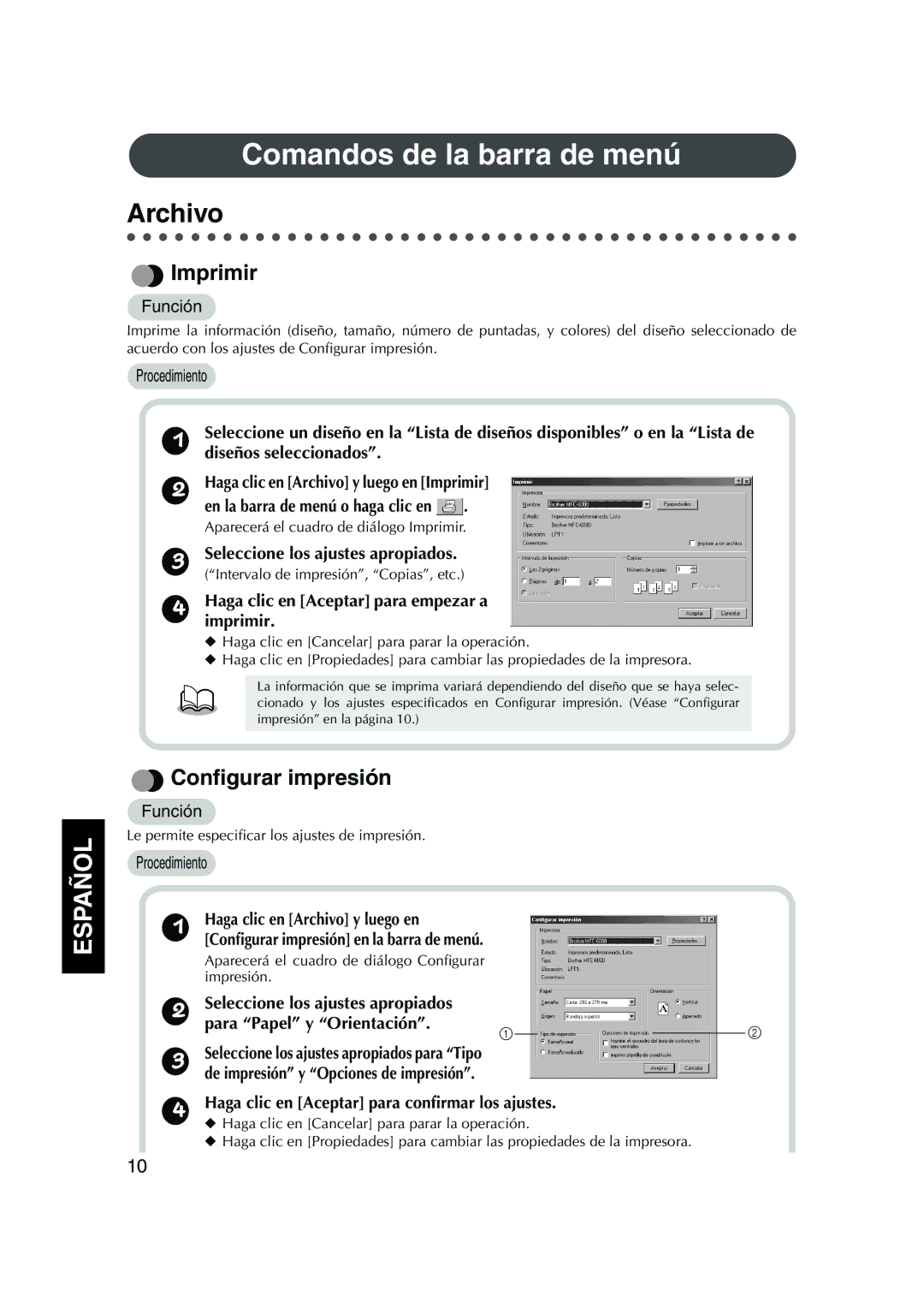 Brother 1, PED Basic instruction manual Comandos de la barra de menú, Archivo, Imprimir, Conﬁgurar impresión 