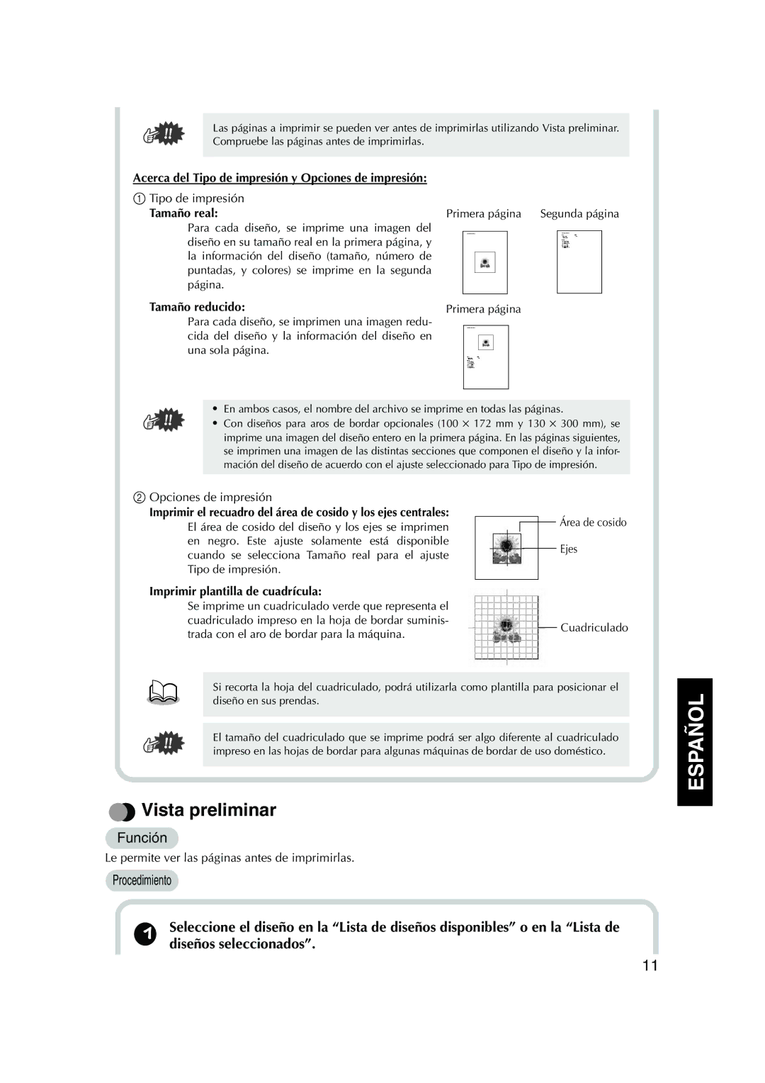 Brother PED Basic, 1 Vista preliminar, Tamaño reducido, Opciones de impresión, Imprimir plantilla de cuadrícula 