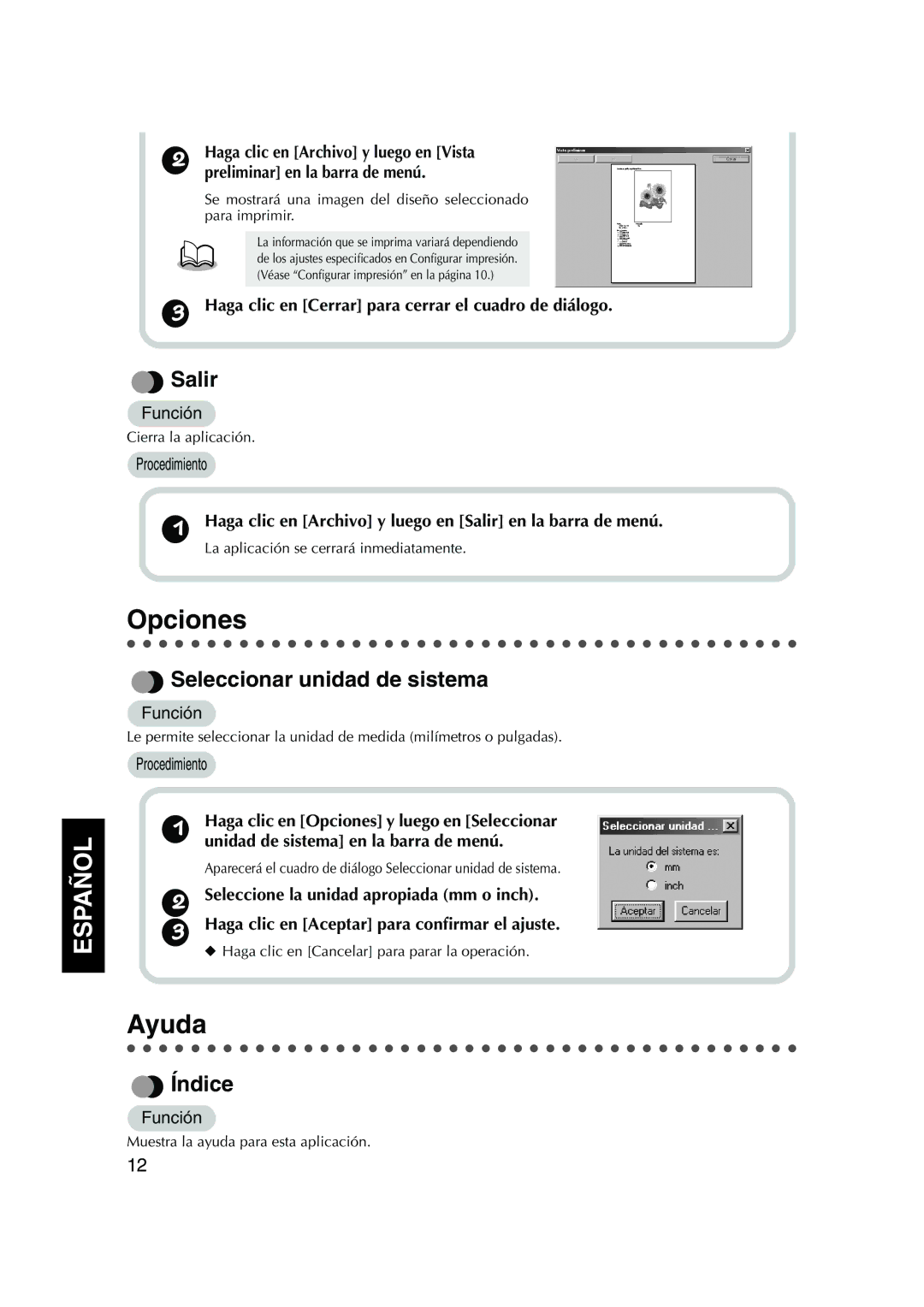 Brother 1, PED Basic instruction manual Opciones, Ayuda, Salir, Seleccionar unidad de sistema, Índice 