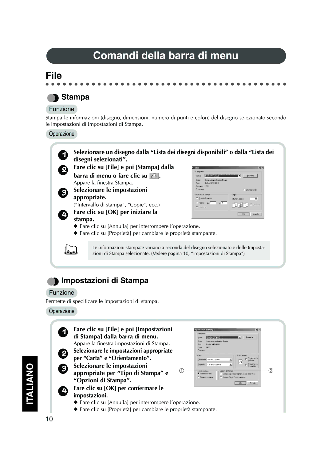 Brother 1, PED Basic instruction manual Comandi della barra di menu, Impostazioni di Stampa 