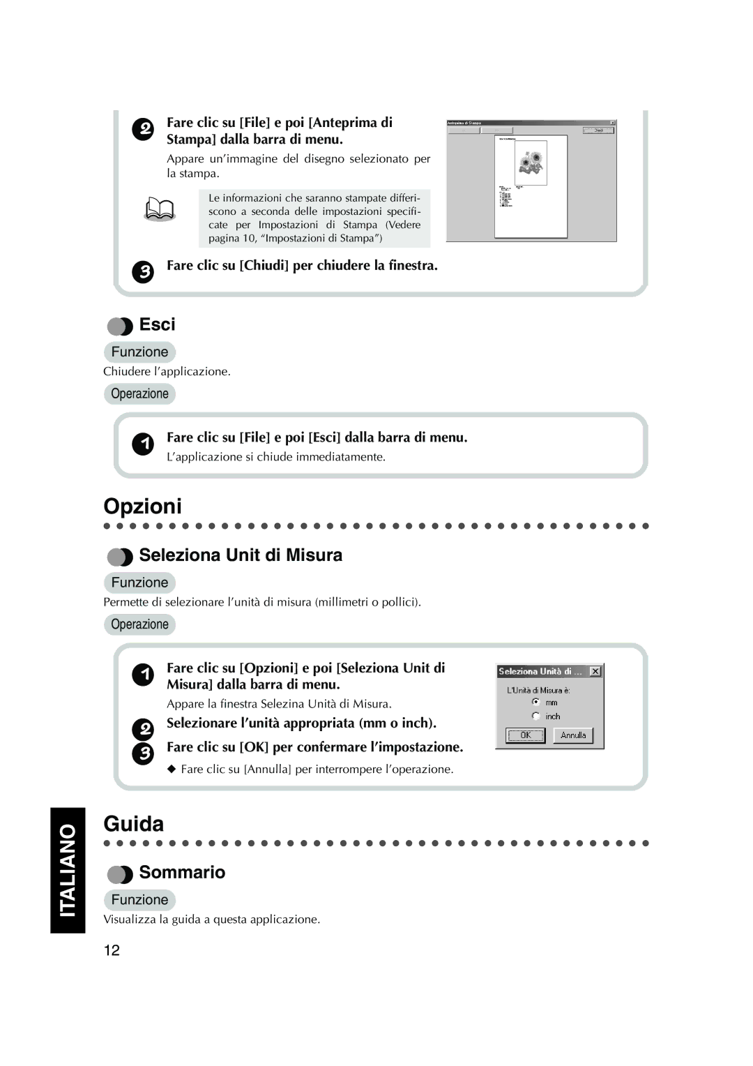 Brother 1, PED Basic instruction manual Opzioni, Guida, Esci, Seleziona Unit di Misura, Sommario 