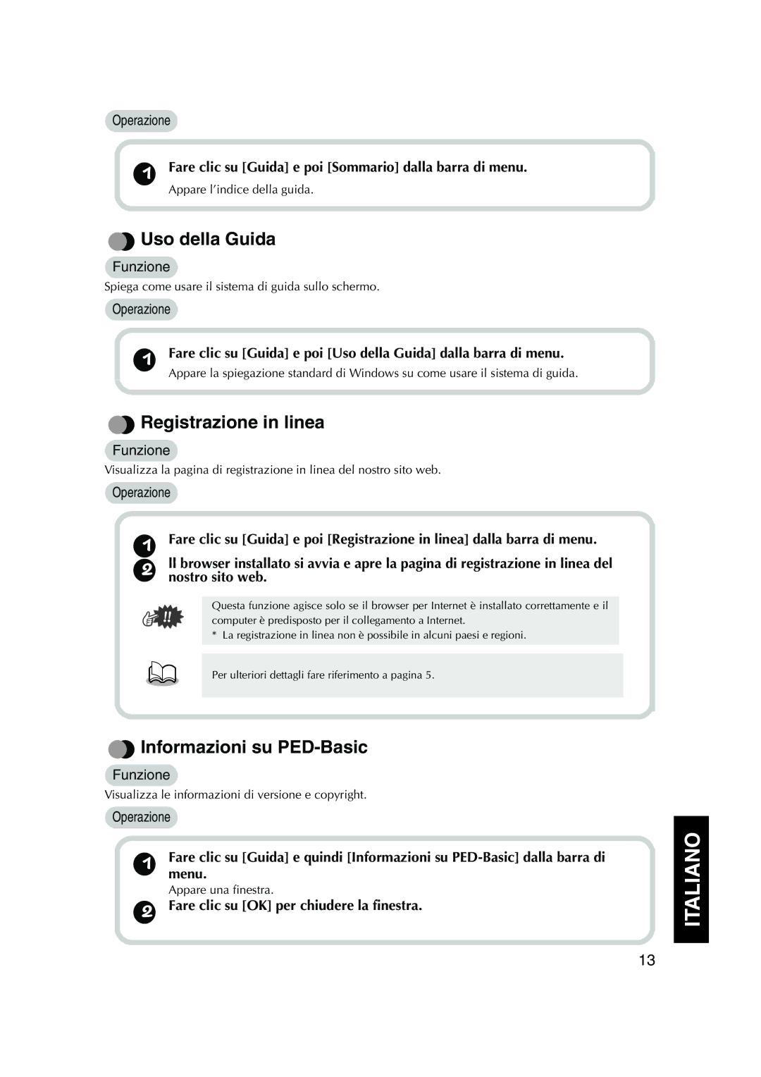 Brother PED Basic, 1 instruction manual Uso della Guida, Registrazione in linea, Informazioni su PED-Basic 