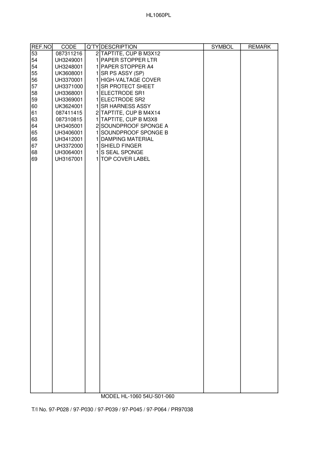 Brother 1060 manual REF.NO. Code Qtydescription Symbol Remark 