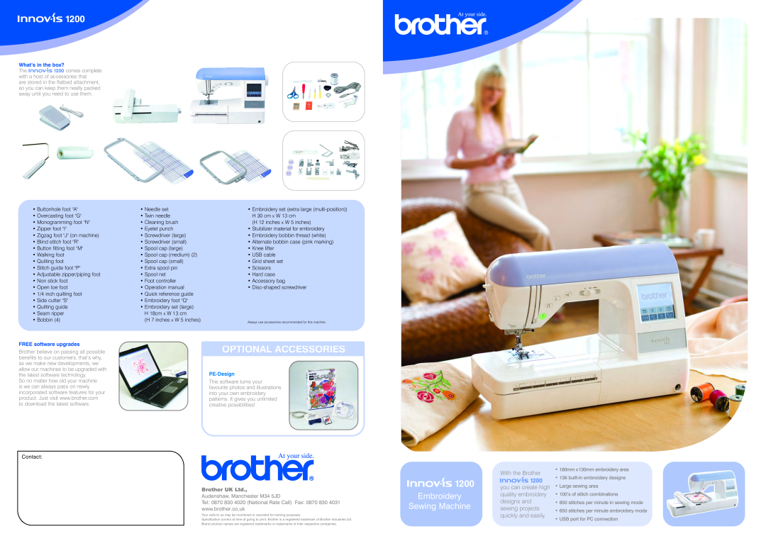 Brother 1200 operation manual What’s in the box?, FREE software upgrades, Optional Accessories, Embroidery Sewing Machine 