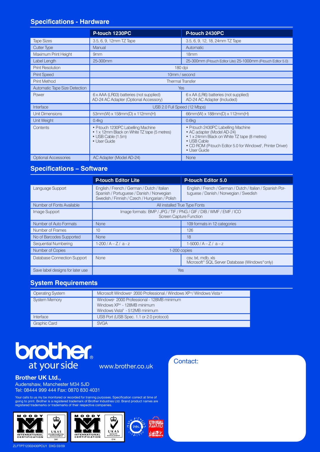 Brother 2430PC manual Specifications - Hardware, Specifications - Software, System Requirements, Contact, P-touch 1230PC 