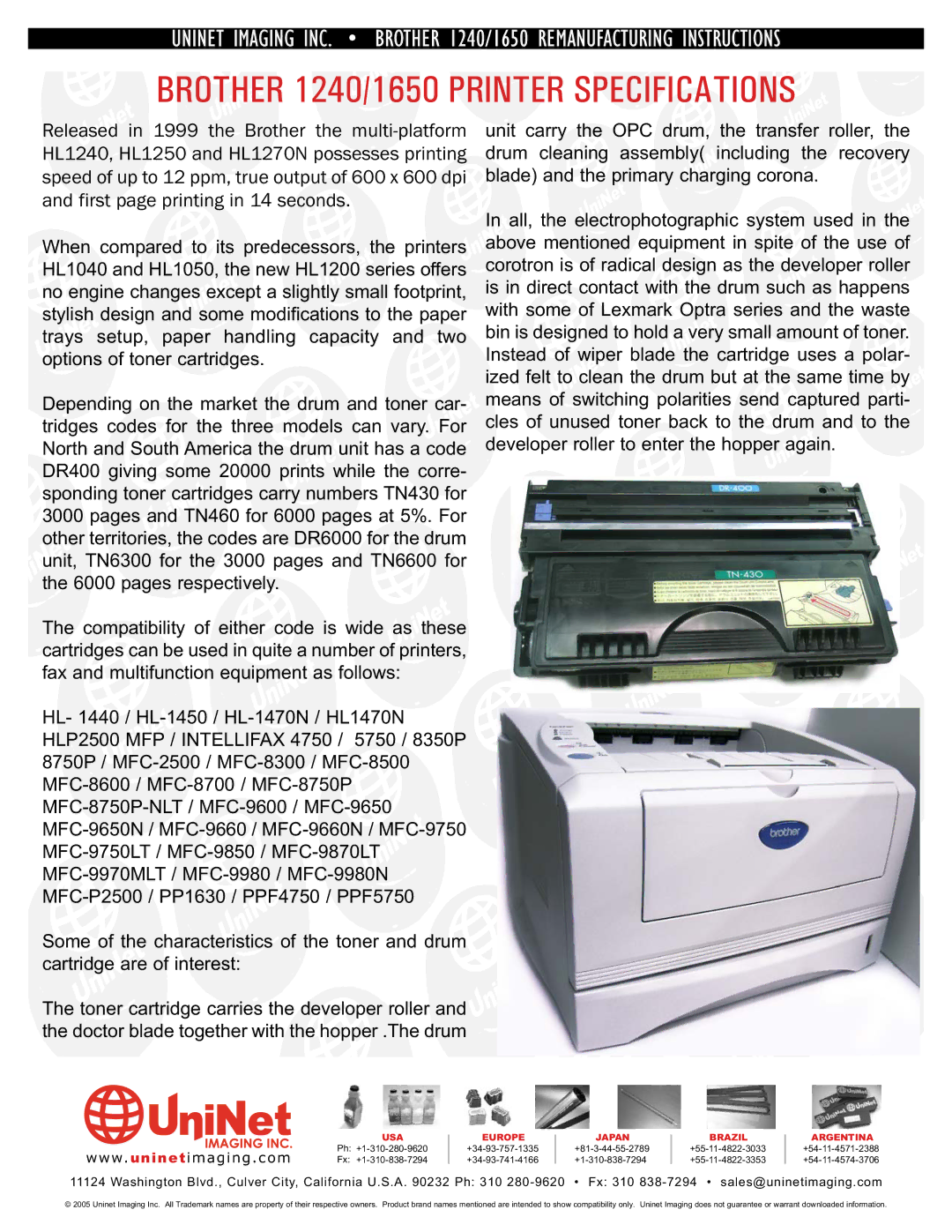 Brother manual Brother 1240/1650 Printer Specifications 