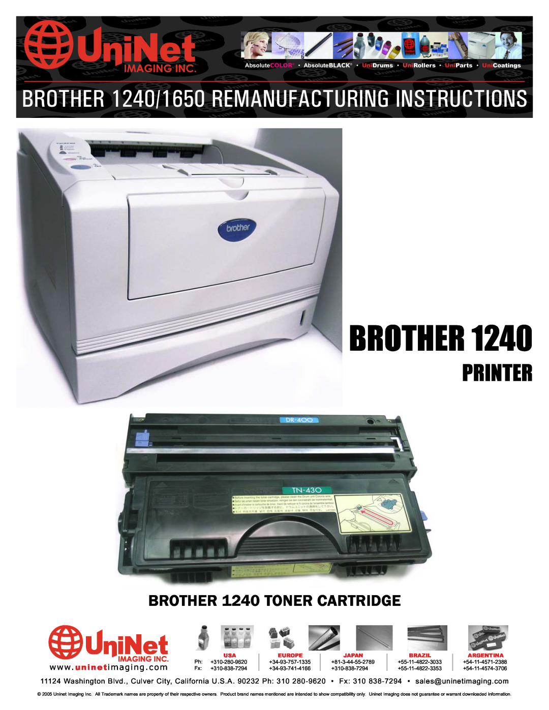 Brother manual Brother, Printer, BROTHER 1240 TONER CARTRIDGE, Ph +310-280-9620 Fx +310-838-7294, Europe 