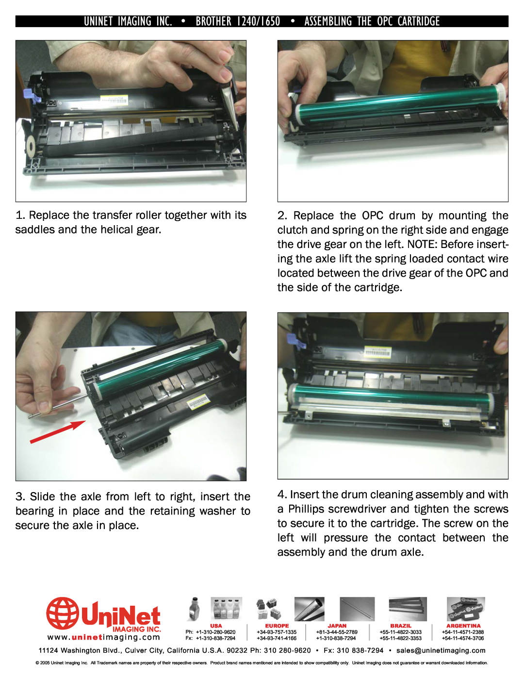 Brother manual UNINET IMAGING INC. BROTHER 1240/1650 ASSEMBLING THE OPC CARTRIDGE 