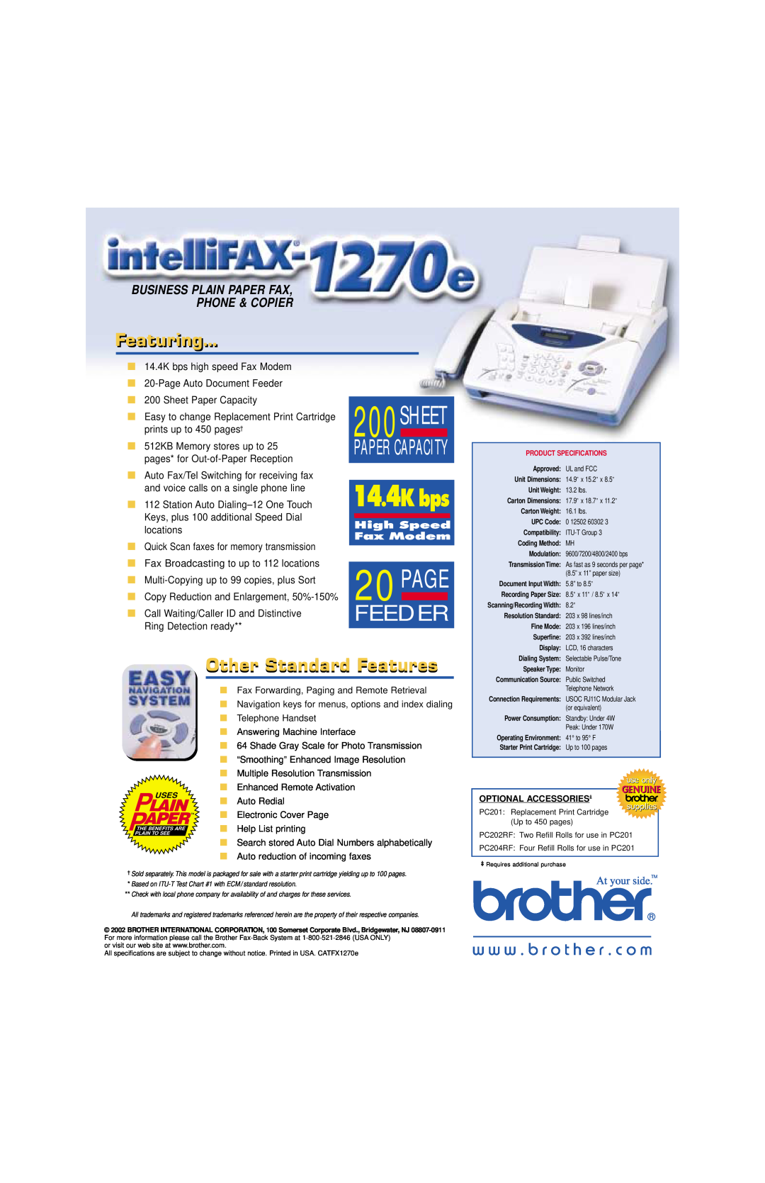 Brother 1270e manual Featuring, Other Standard Features, 20PAGE, Feeder, Sheet, Business Plain Paper Fax Phone & Copier 
