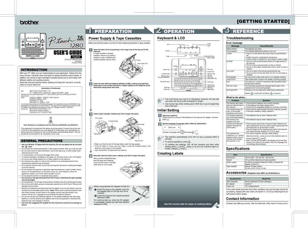 Brother 1280 specifications Preparation, Operation, Reference 