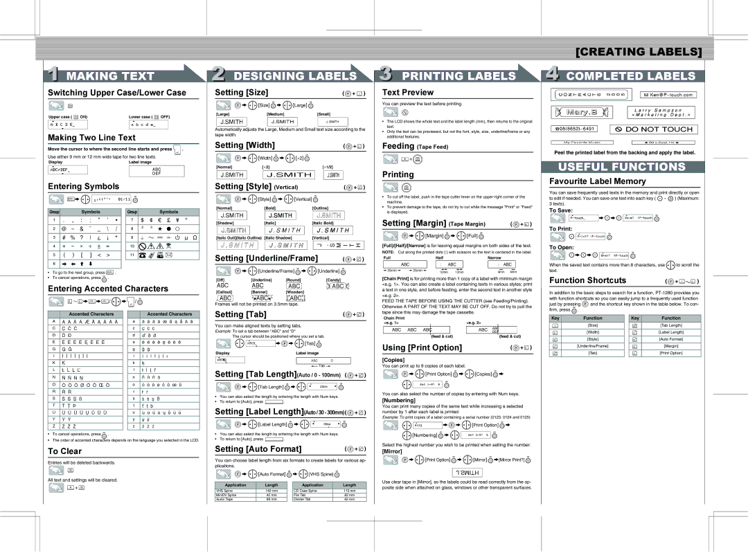 Brother 1280 specifications Making Text, Designing Labels, Printing Labels, Completed Labels, Useful Functions 