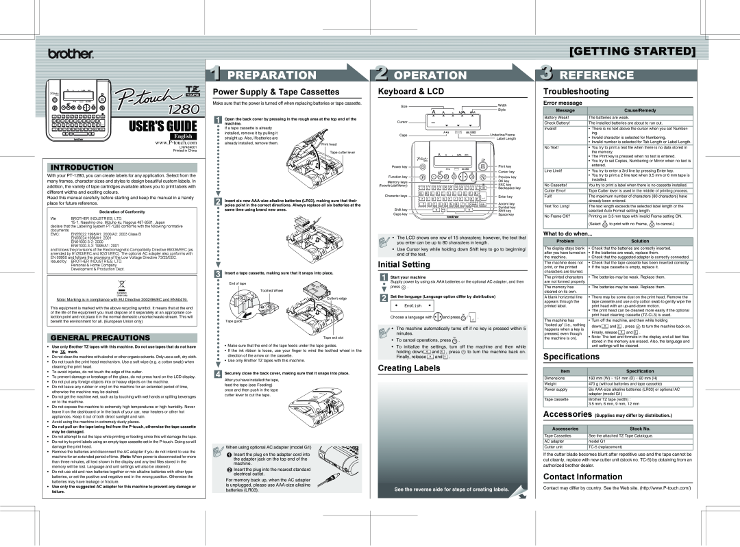 Brother 1280 specifications Getting Started, Preparation, Operation, Reference, Users Guide, Introduction, English 
