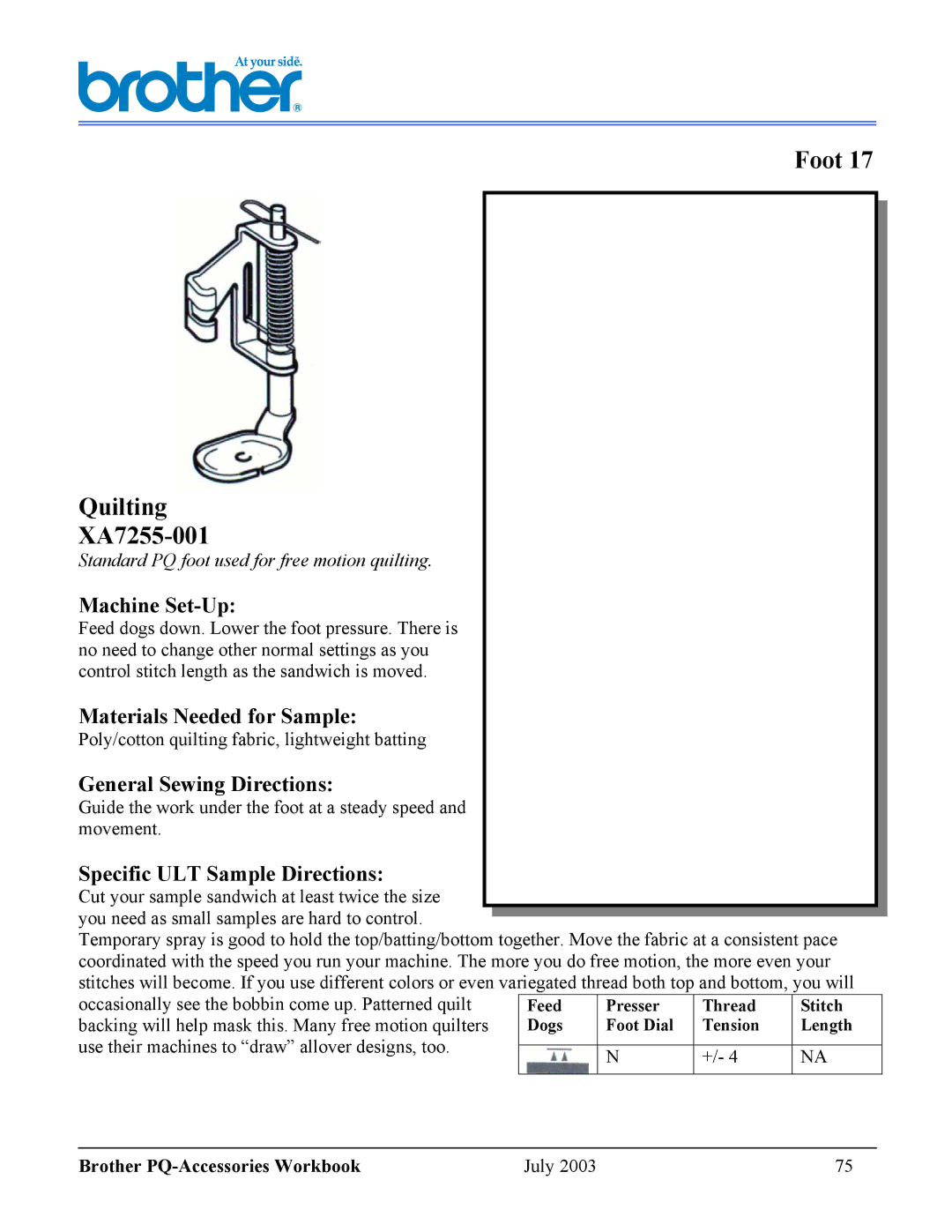 Brother 1300 manual Foot Quilting XA7255-001, Brother PQ-Accessories Workbook July 