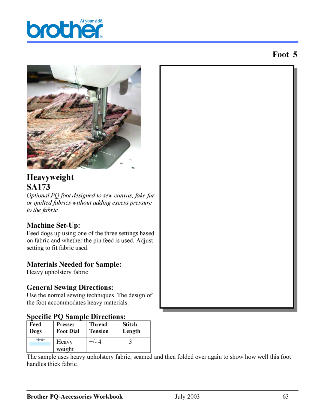 Brother 1300 manual Foot Heavyweight SA173, Heavy Weight 