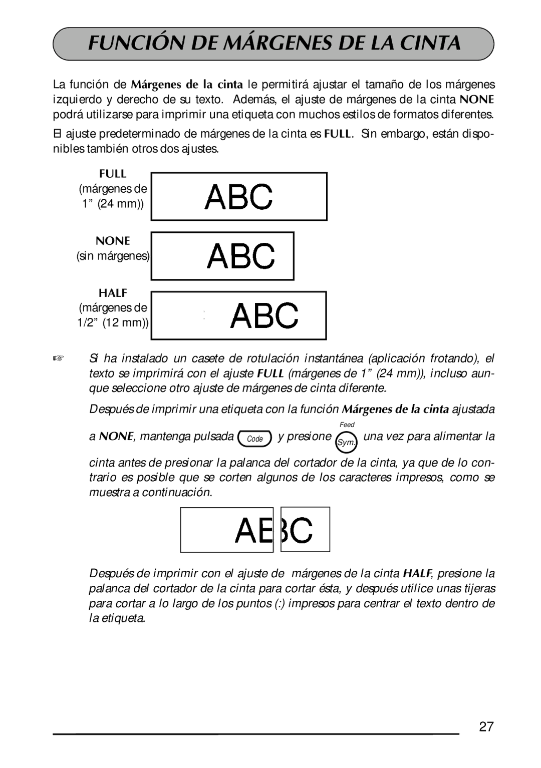 Brother 1300 manual Función DE Márgenes DE LA Cinta, Full 