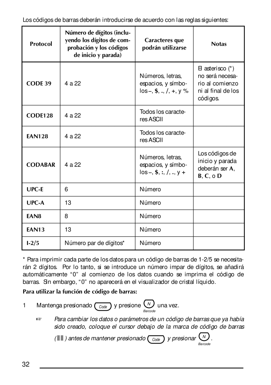 Brother 1300 manual Caracteres que Notas, De inicio y parada, Para utilizar la función de código de barras 