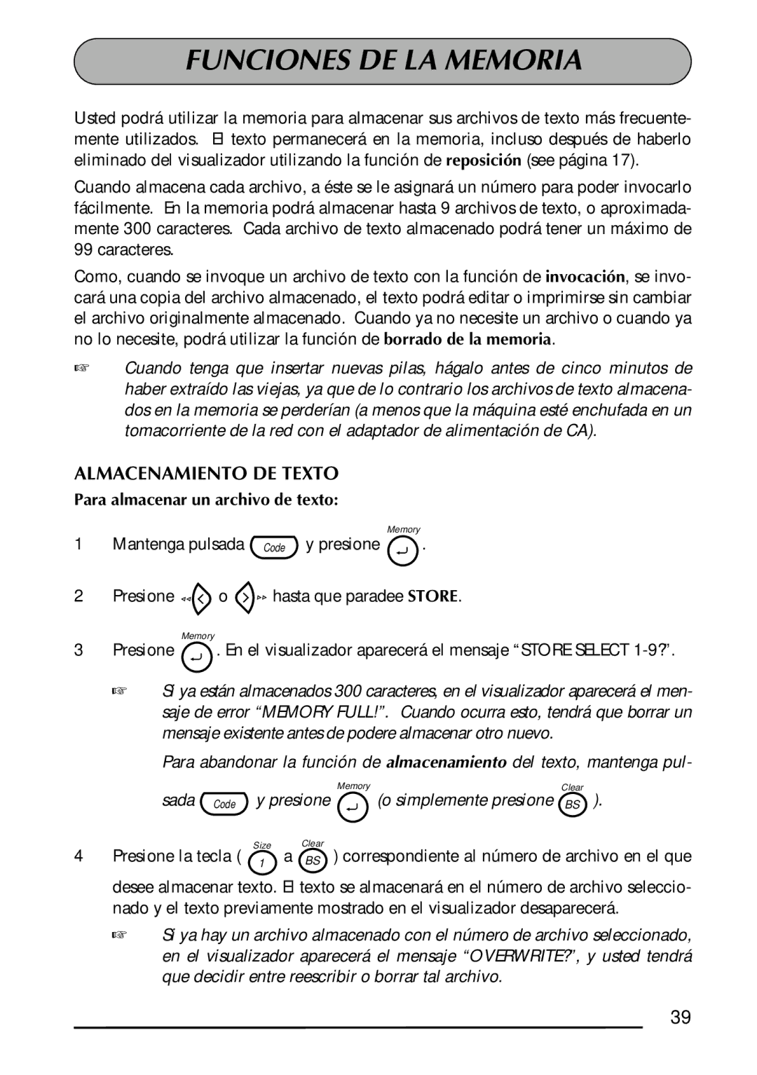 Brother 1300 manual Funciones DE LA Memoria, Almacenamiento DE Texto, Para almacenar un archivo de texto, Sada Code 