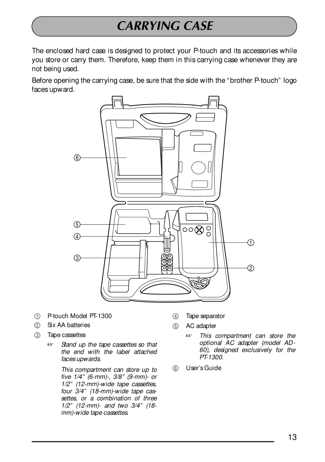 Brother 1300 manual Carrying Case 