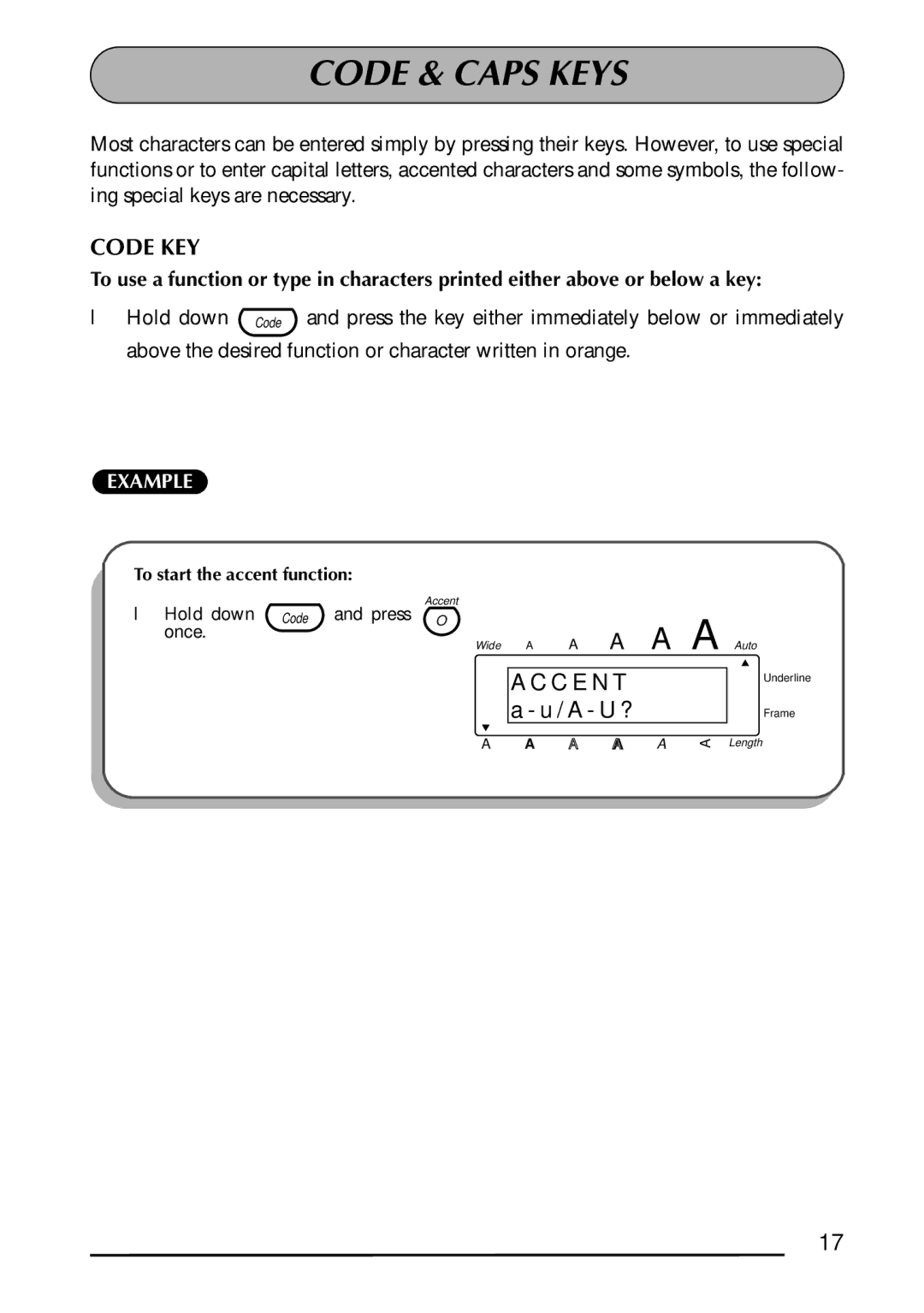 Brother 1300 manual Code & Caps Keys, Code KEY 