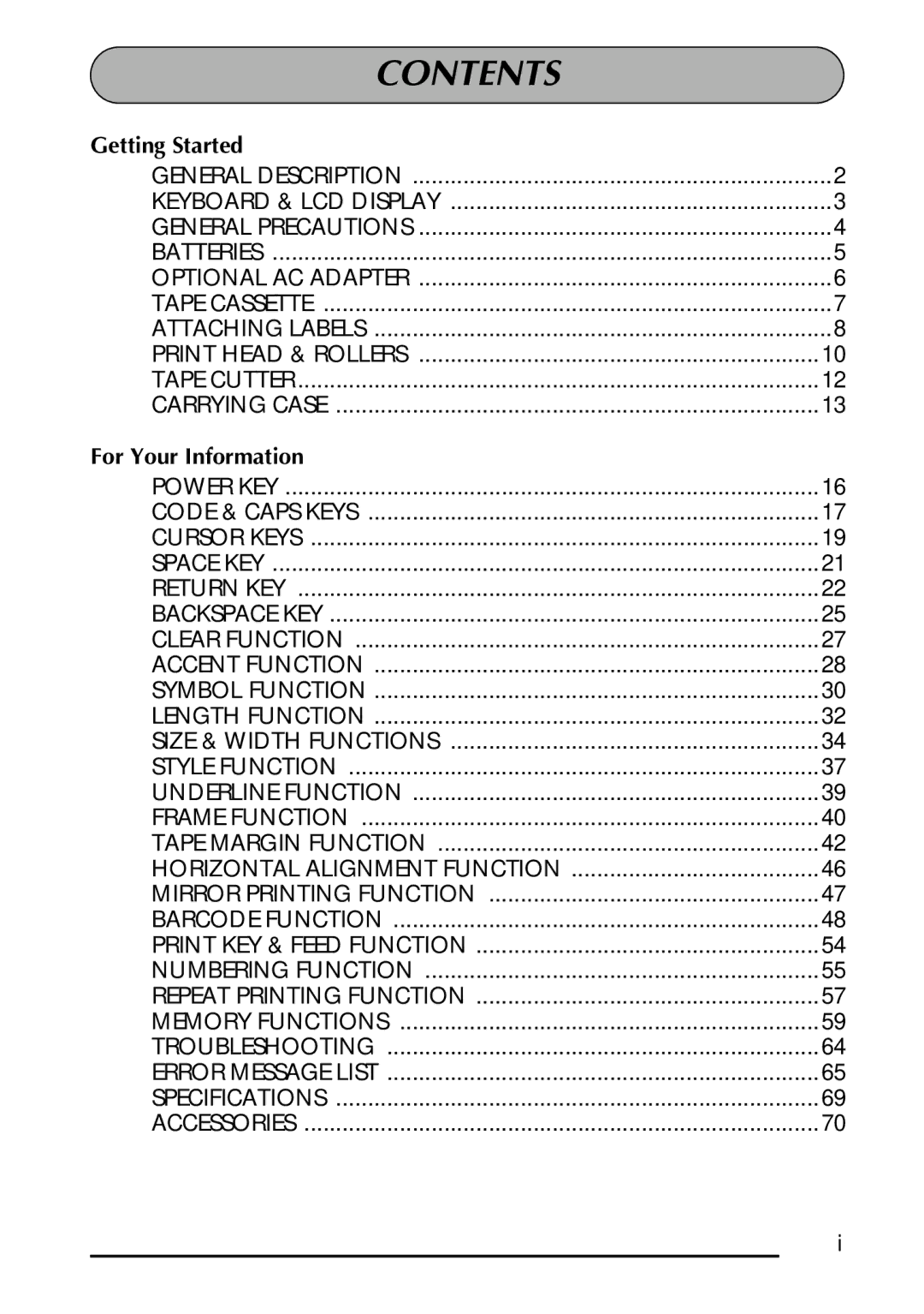 Brother 1300 manual Contents 