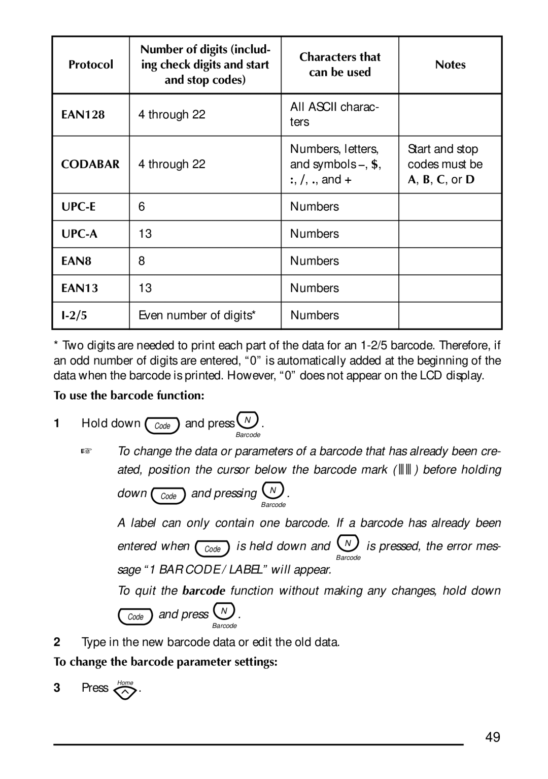 Brother 1300 manual Codabar, Upc-E, Upc-A, EAN8, EAN13 