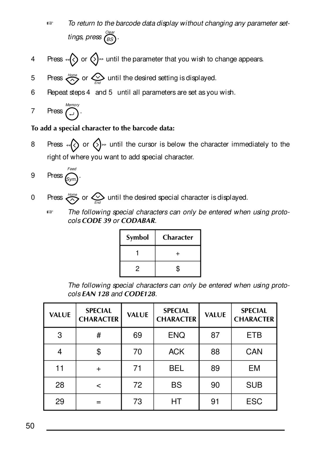 Brother 1300 manual Tings, press BS, Press Home or, To add a special character to the barcode data, Symbol, Value Special 