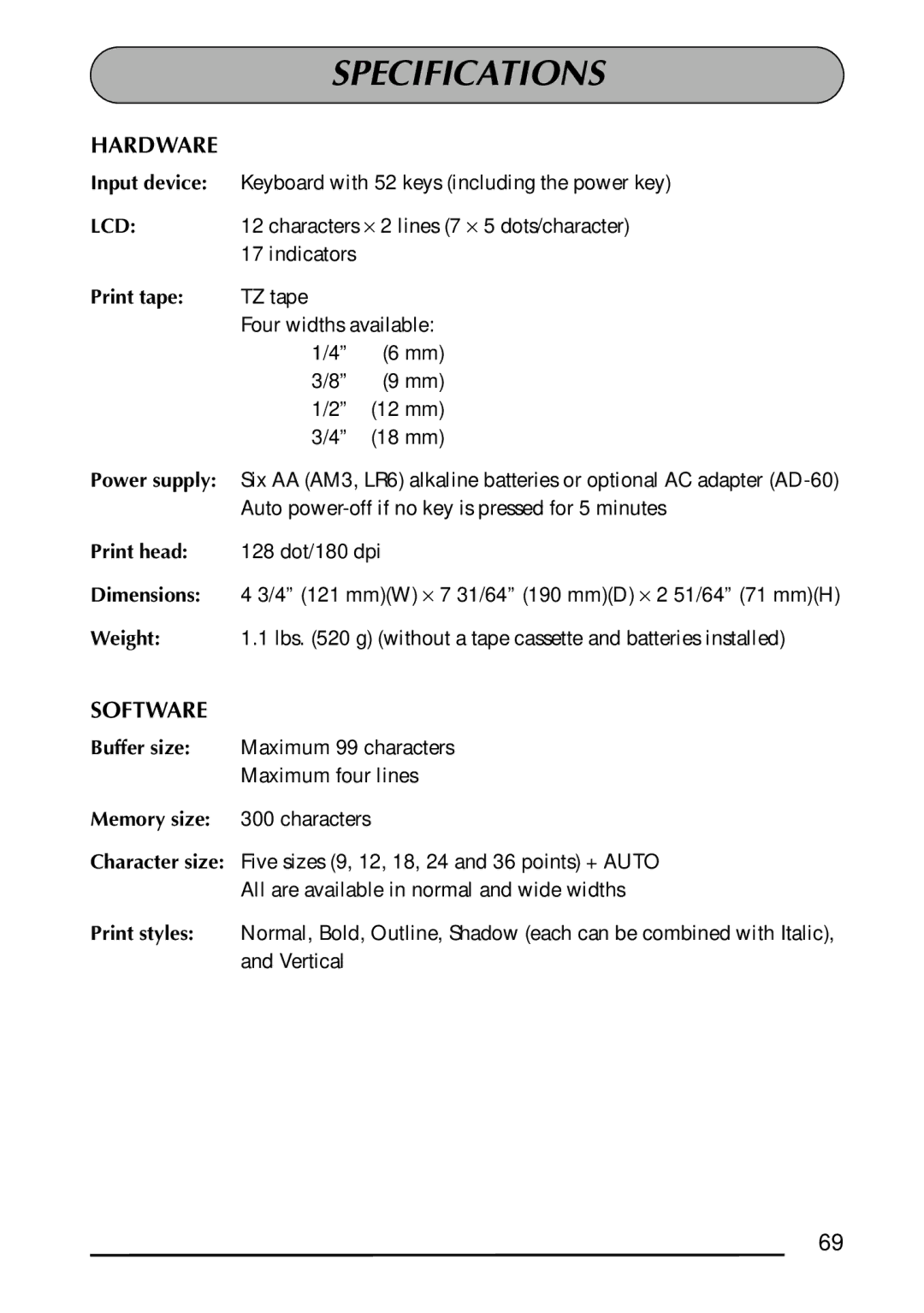 Brother 1300 manual Specifications, Hardware, Software, Lcd 