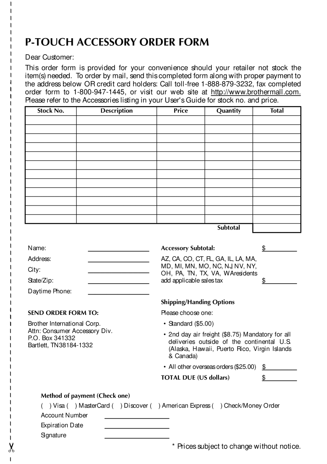 Brother 1300 manual Touch Accessory Order Form 