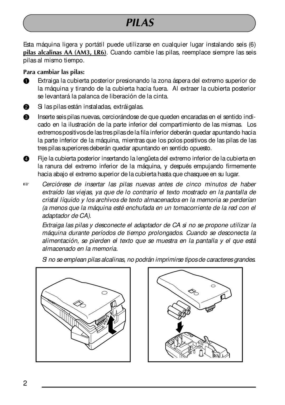 Brother 1300 manual Pilas, Para cambiar las pilas 