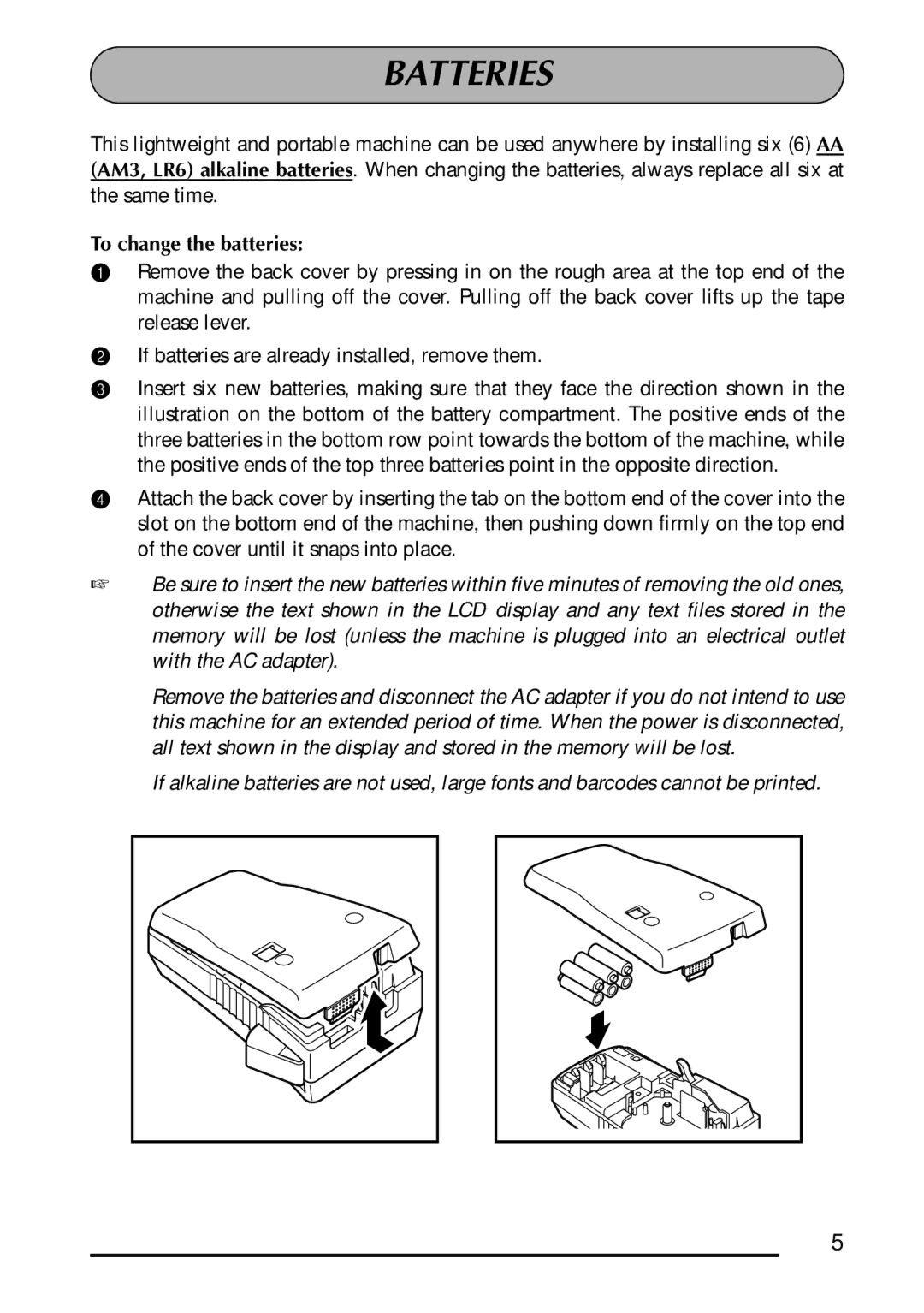 Brother 1300 manual Batteries, To change the batteries 