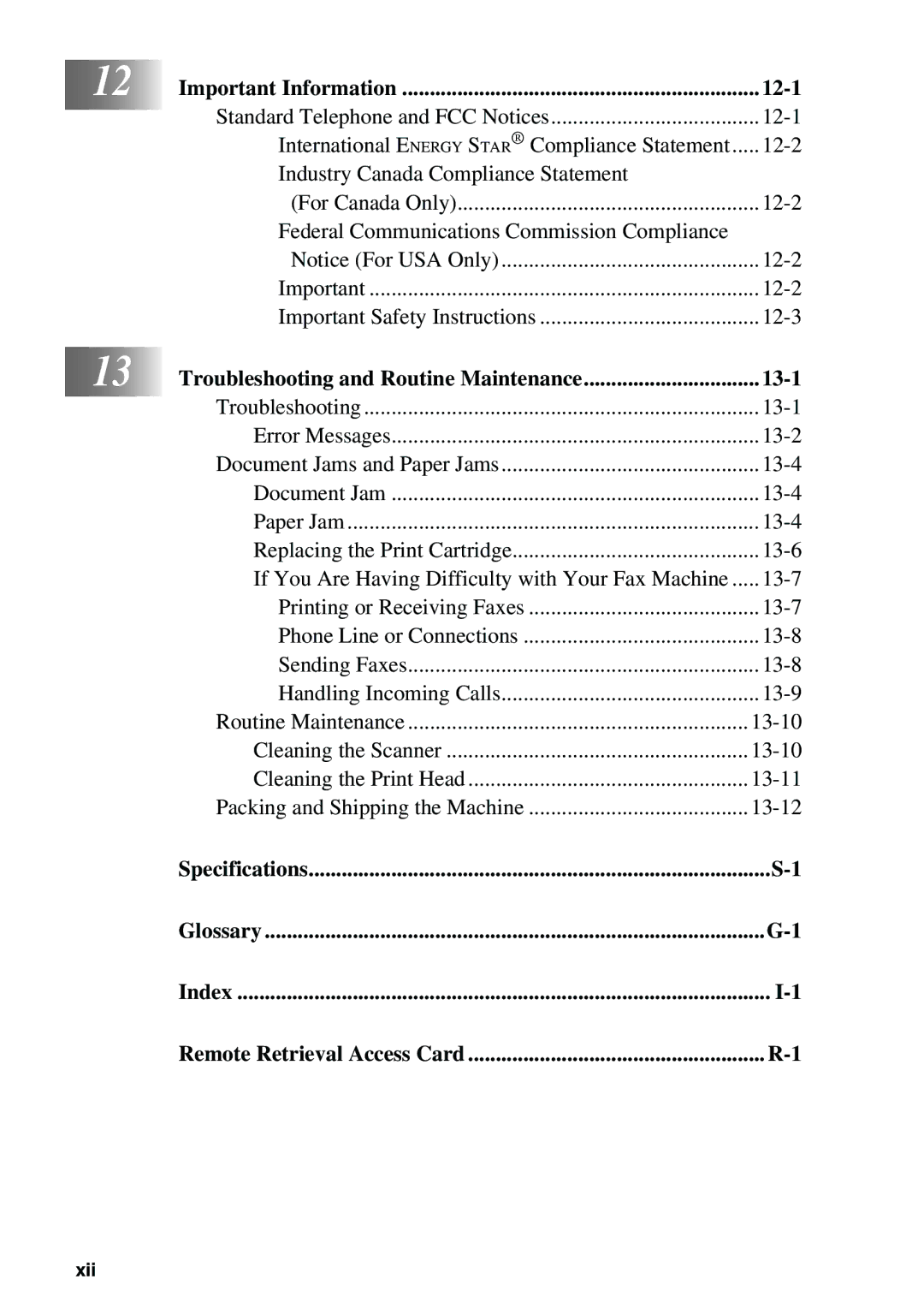 Brother 1575MC owner manual Specifications Glossary Index Remote Retrieval Access Card 