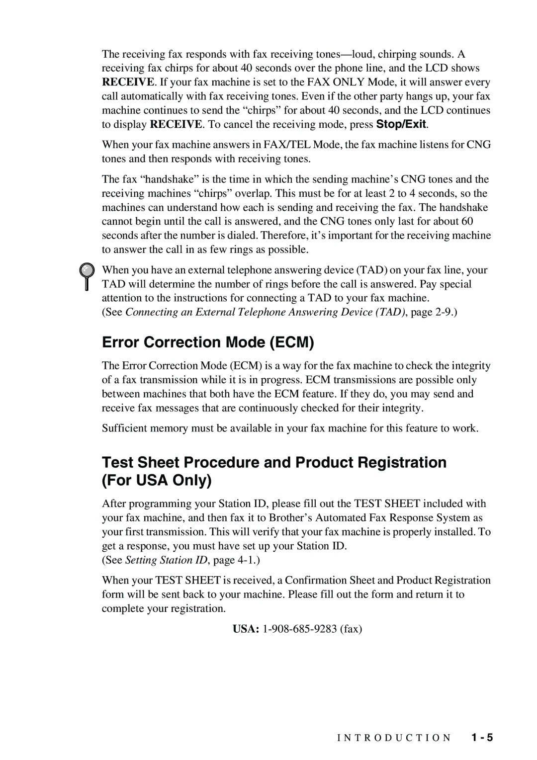 Brother 1575MC owner manual Error Correction Mode ECM, Test Sheet Procedure and Product Registration For USA Only 