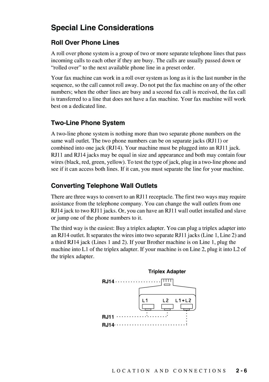 Brother 1575MC owner manual Special Line Considerations, Roll Over Phone Lines, Two-Line Phone System 