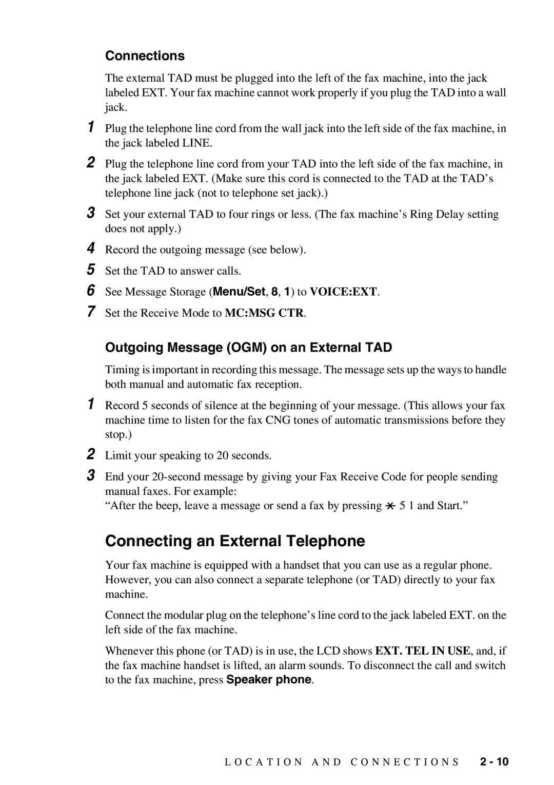 Brother 1575MC owner manual Connecting an External Telephone, Connections, Outgoing Message OGM on an External TAD 