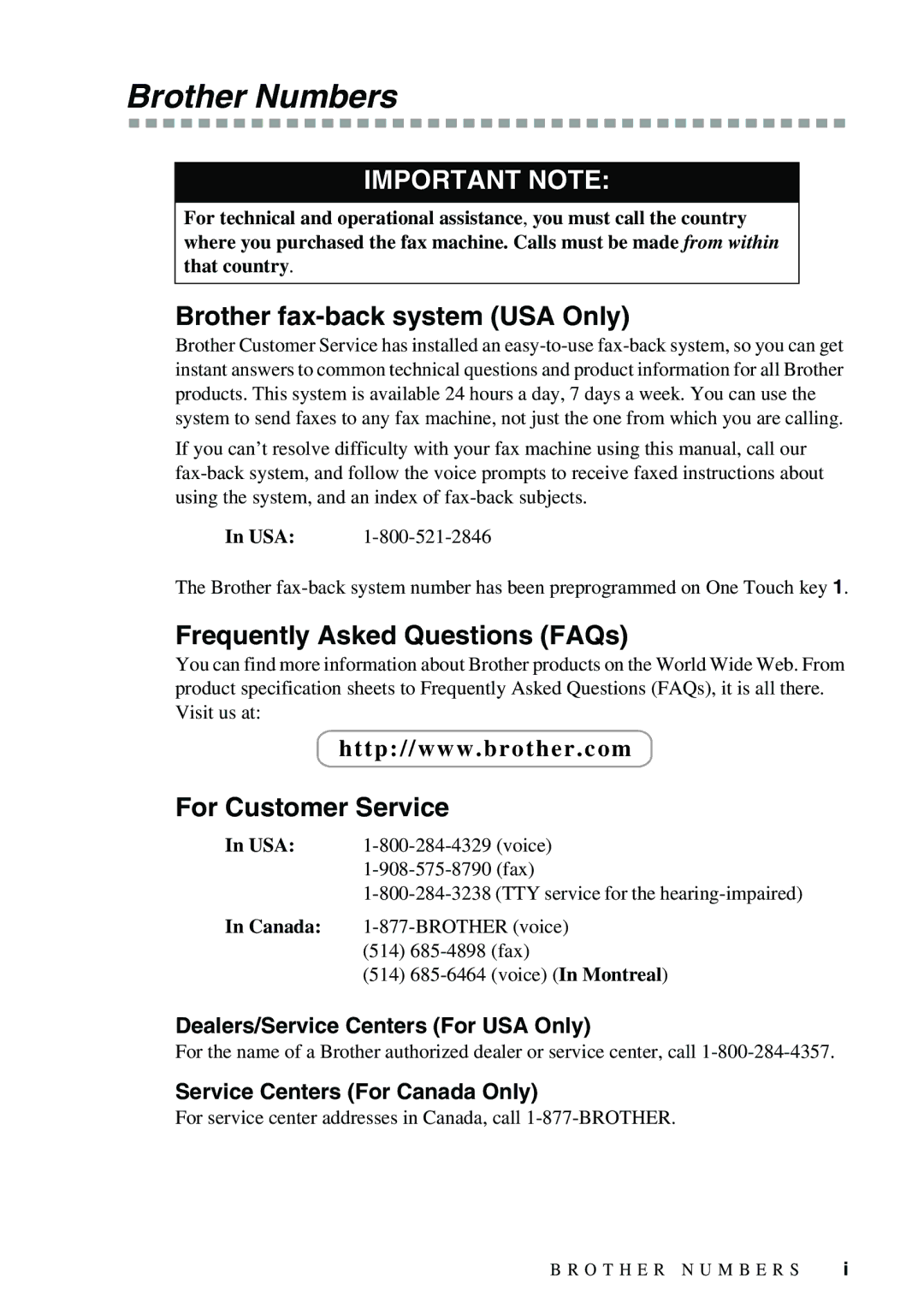 Brother 1575MC Brother Numbers, Brother fax-back system USA Only, Frequently Asked Questions FAQs, For Customer Service 