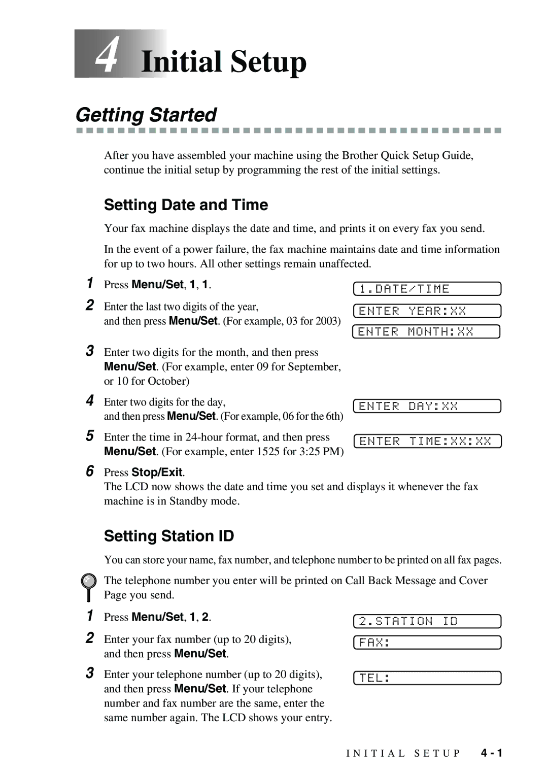 Brother 1575MC owner manual Initial Setup, Getting Started, Setting Date and Time, Setting Station ID 