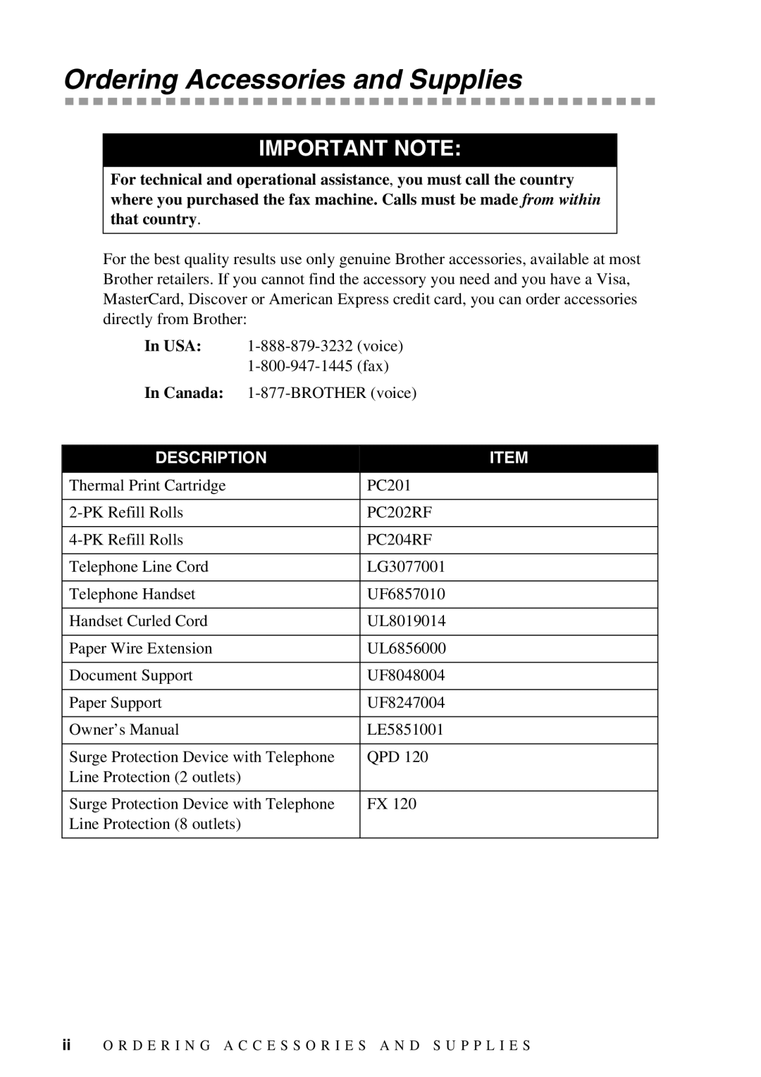 Brother 1575MC owner manual Ordering Accessories and Supplies, Description 