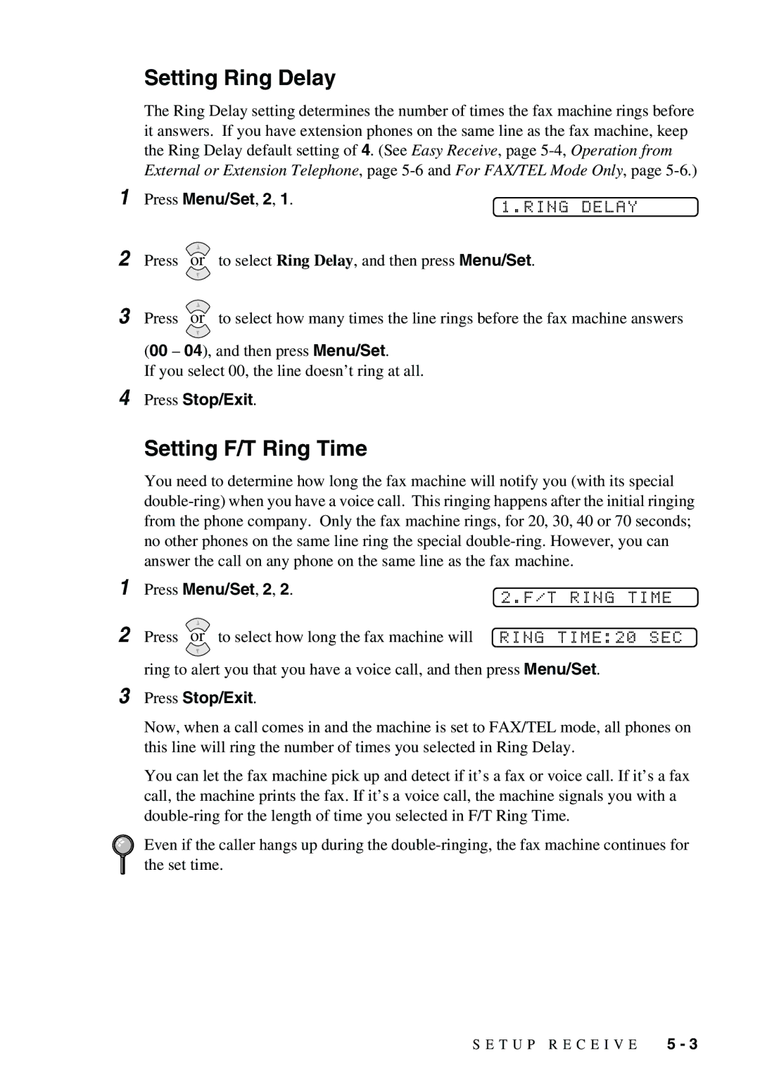 Brother 1575MC owner manual Setting Ring Delay, Setting F/T Ring Time 