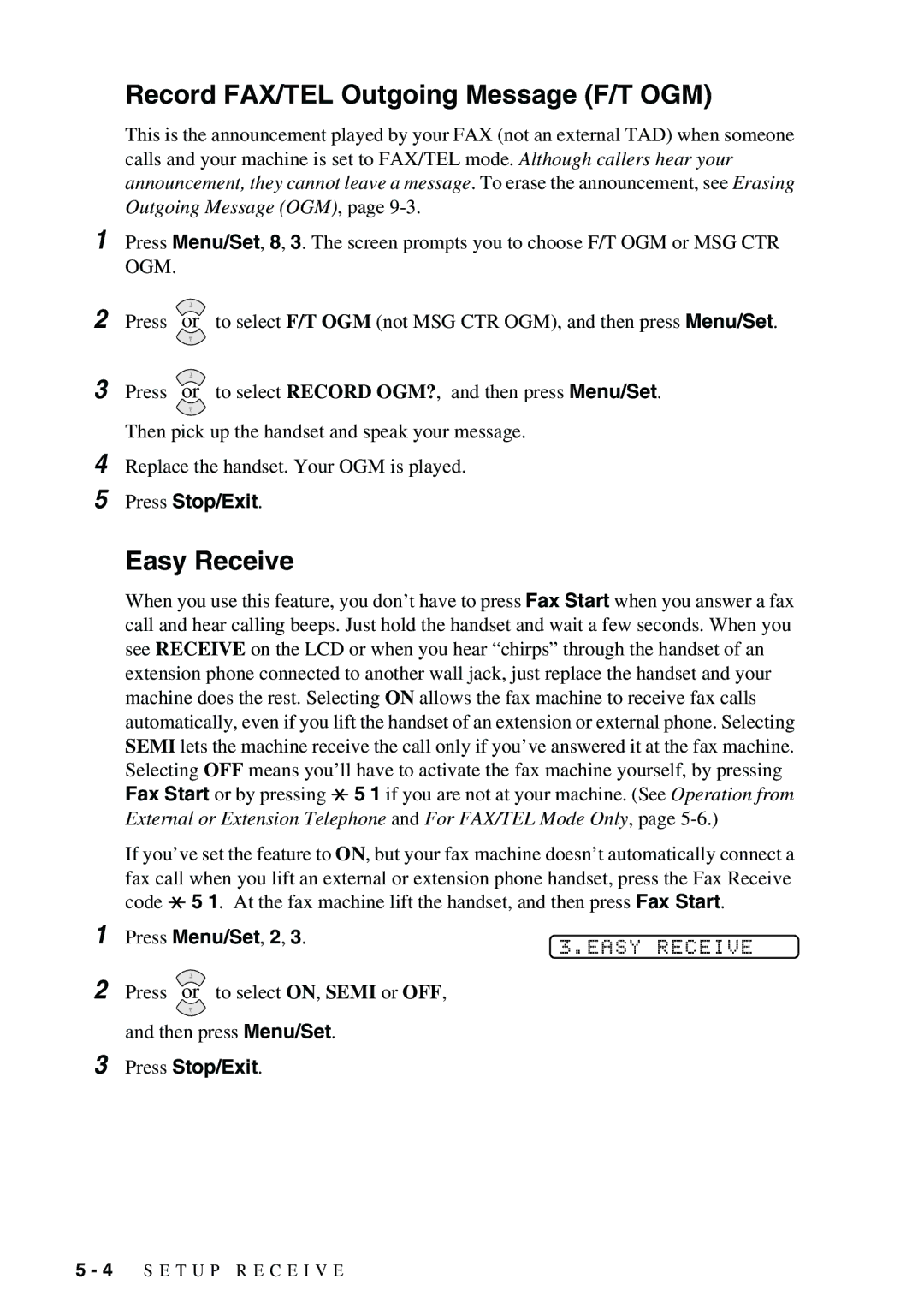 Brother 1575MC owner manual Record FAX/TEL Outgoing Message F/T OGM, Easy Receive 